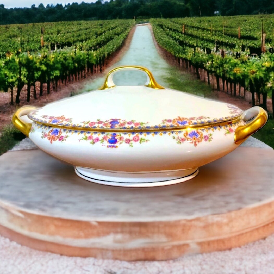 Antique Mavaleix & Granger Limoges Blue Triangles, Urns & Fans, Floral Oval Dish
