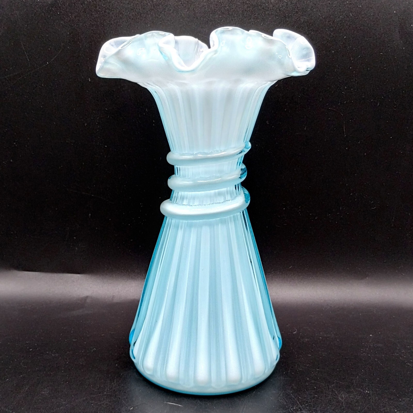 Fenton Art Glass Vase Wheat #5858 Powder Blue Overlay 1961-1962 7-3/4″