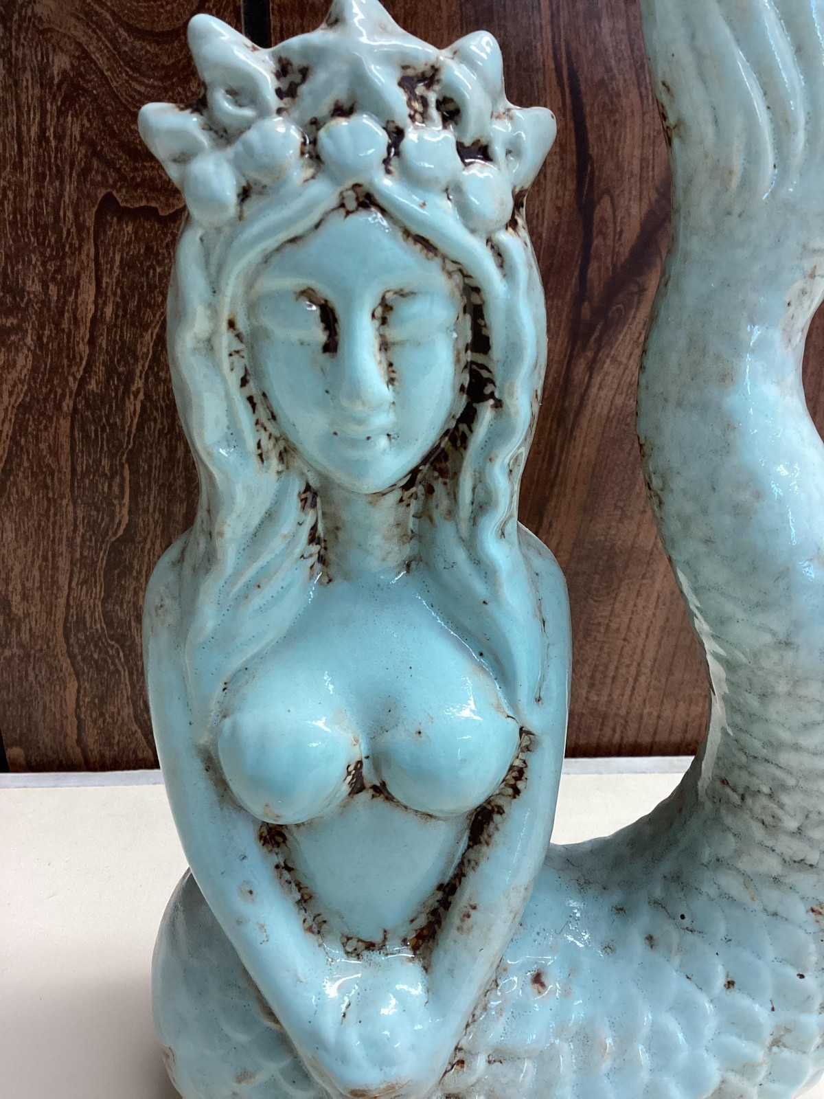 Blue Ceramic Mermaid Figurine Textured Tail High Gloss Nautical Art Unmarked