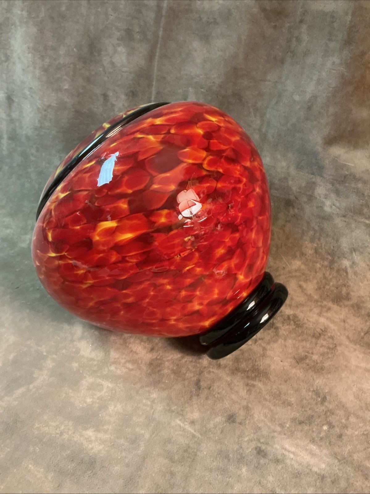 Signed Opal art Glass 2005 black trim red mottled art glass Vase #1 Squat Design