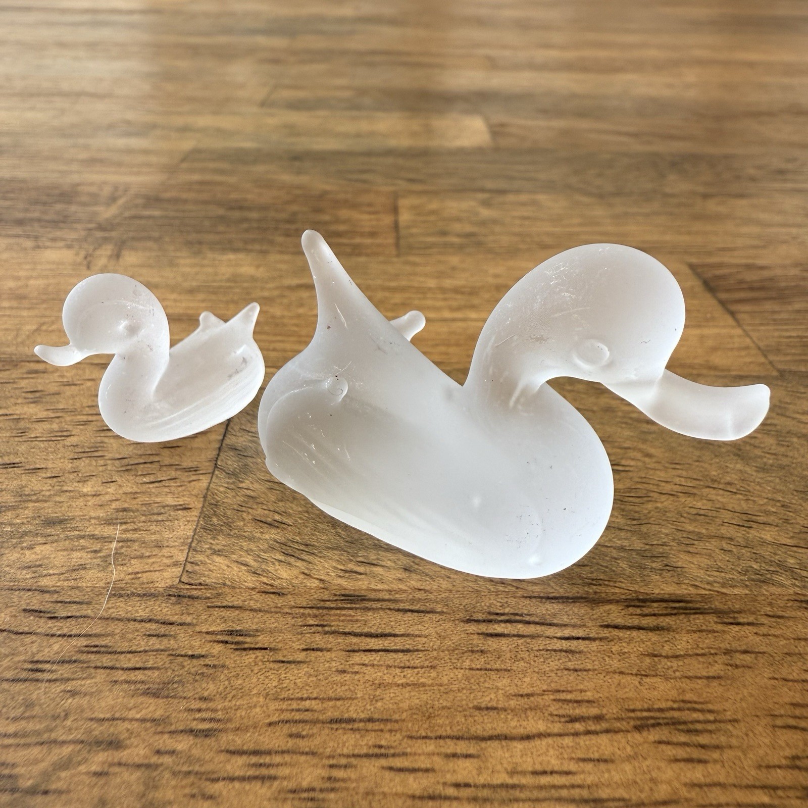 Fostoria Frosted Satin Blown Glass Duck Swan Figurines Set Of 2 Vintage MCM