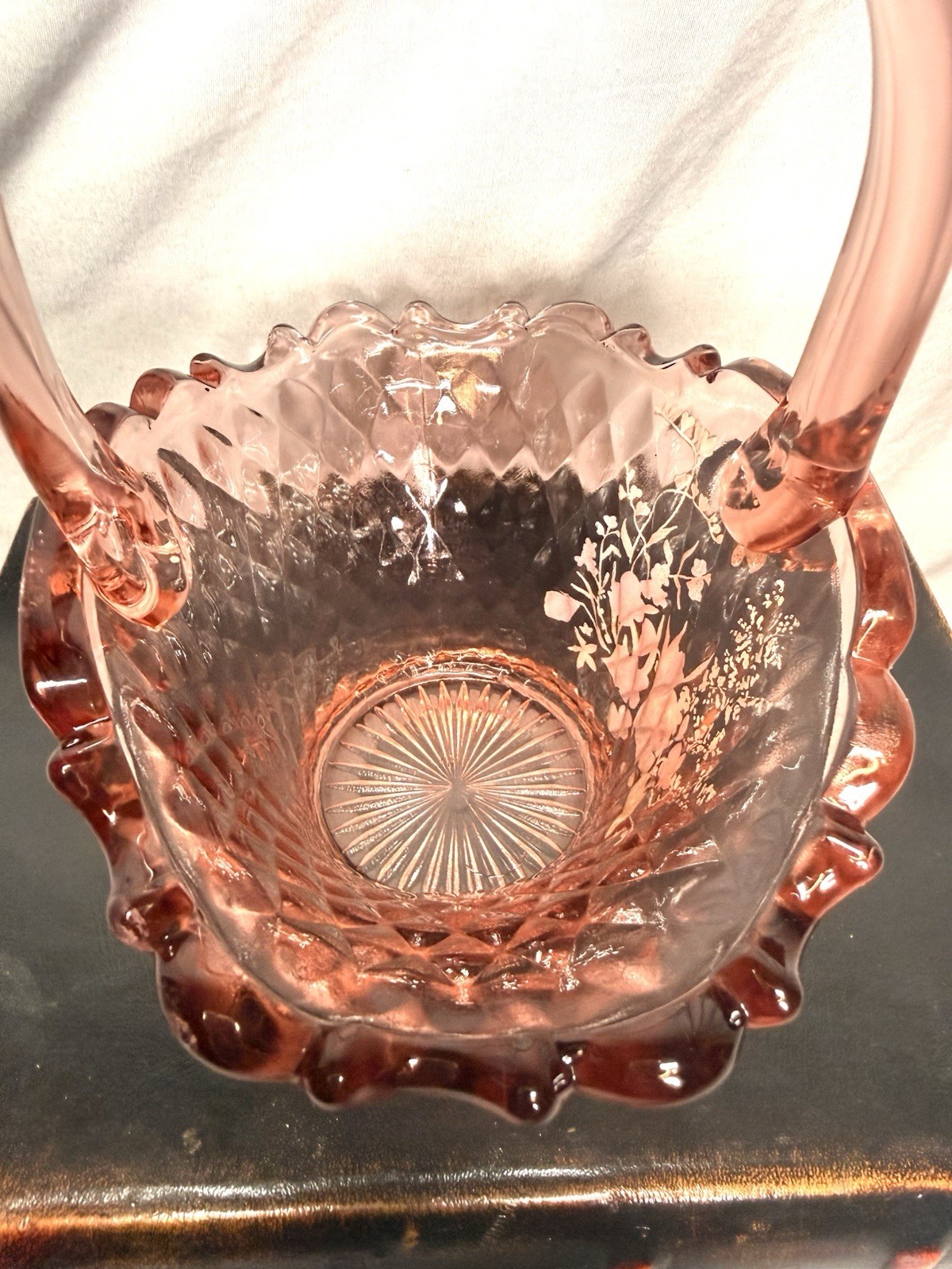 Vintage 1980’s Fenton Pink Diamond Glass Basket Hand Painted Butterfly Floral