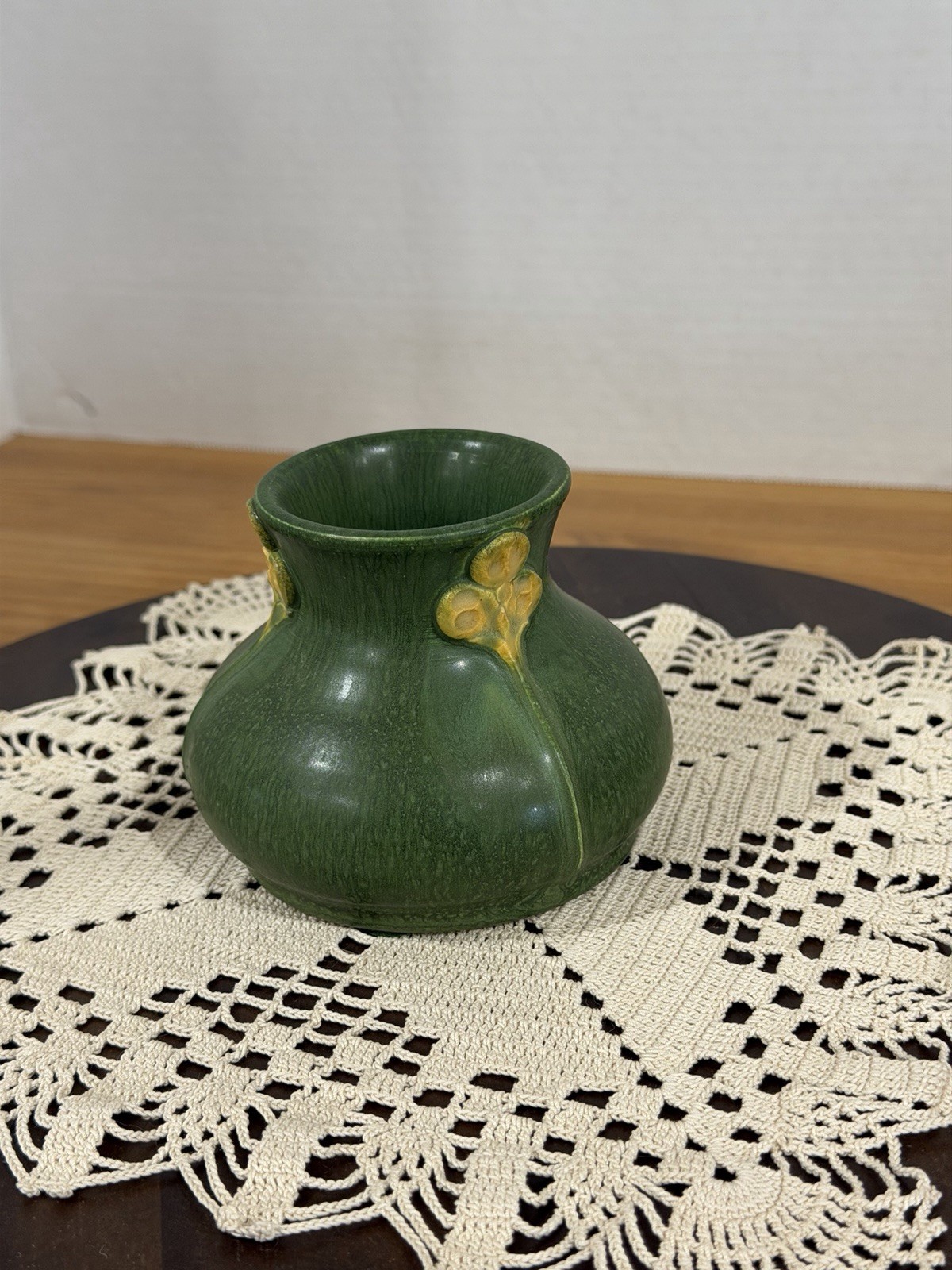 Ephraim Faience Hand Made Art Pottery Mottled Green Floral Vase Laura Klein