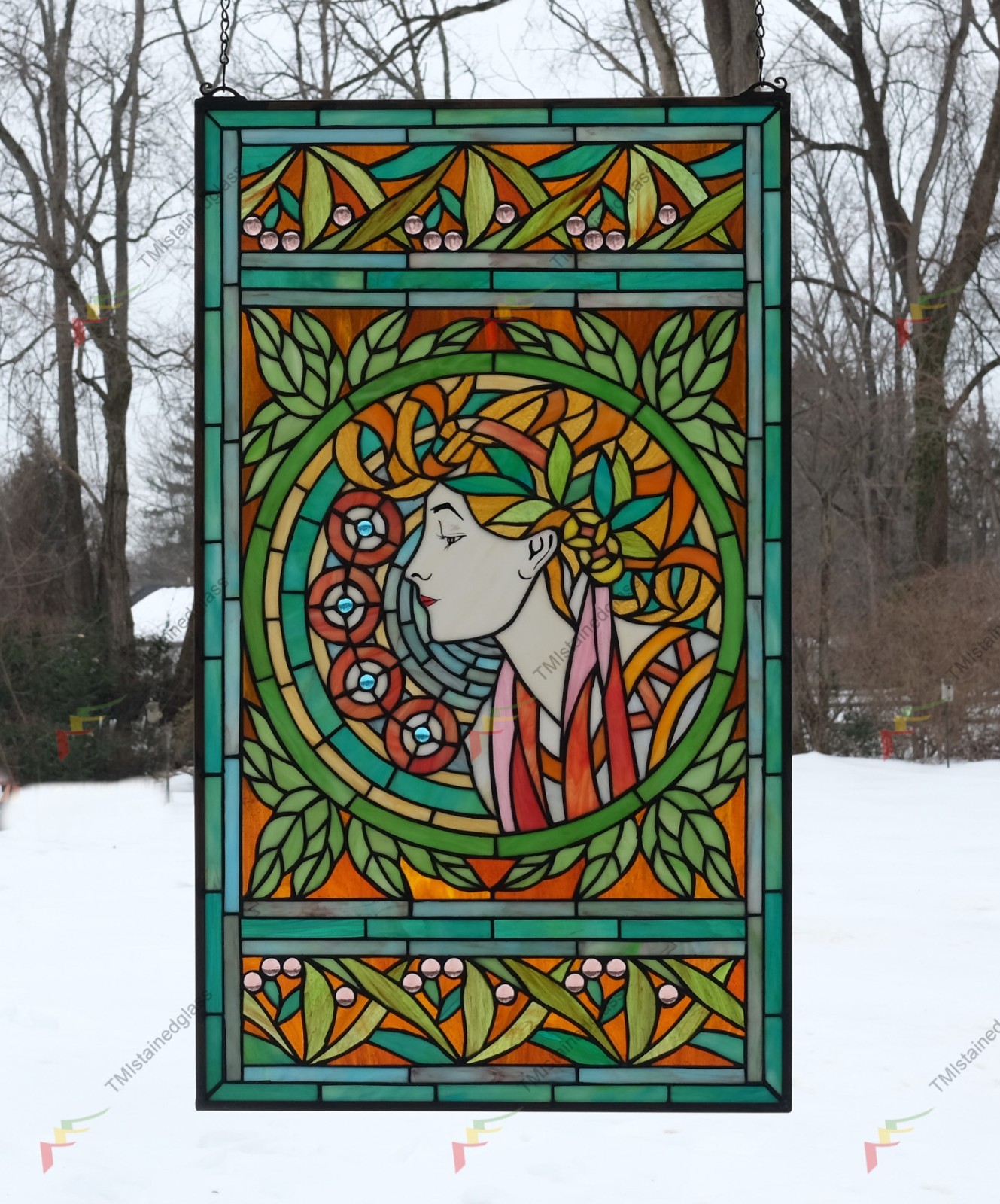 20″ x 34″ Alphonse Mucha Art. Stained Glass Window Panel Art Nouveau lady HF216