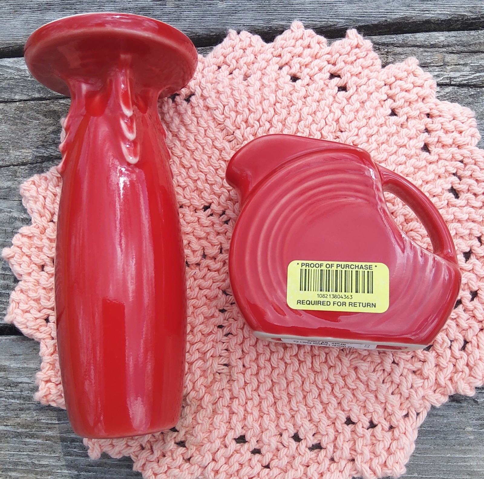 Fiestaware Scarlet Red Bud Vase & Mini Disk Pitcher, Never Used Fiesta