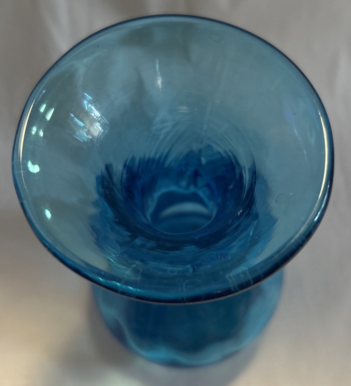 Vintage Hand Blown Colonial Blue Glass Vase Applied Ribbon Band Fluted Top 4.75”