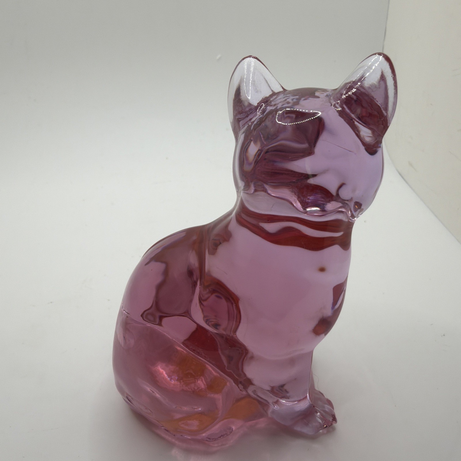 Vintage Collectable Fenton Glass Cat Kitten Sitting Light Cranberry Pink Stamped