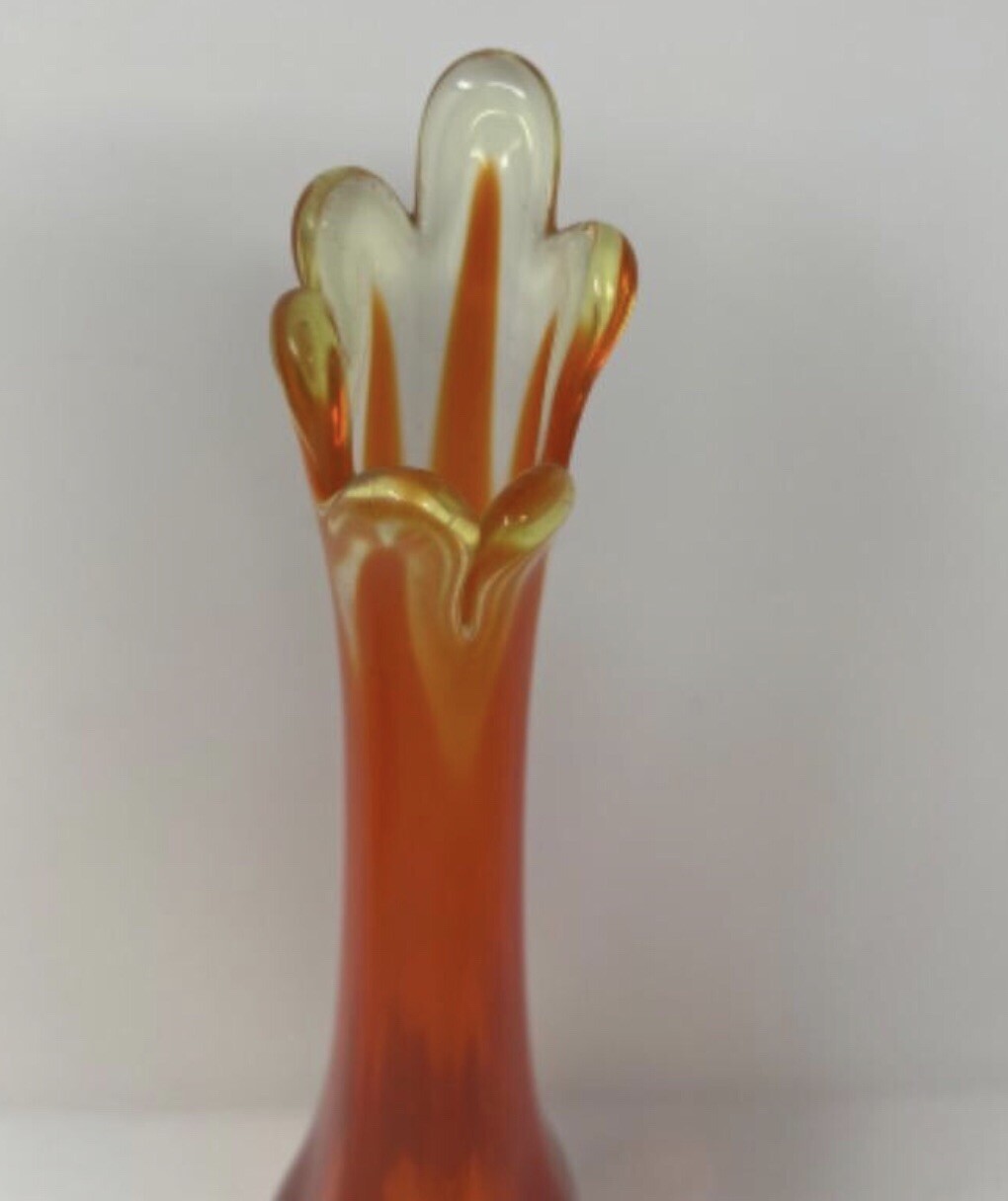 Vtg MCM Viking Glass 6 Petal 15” Swung Vase in Persimmon Amberina