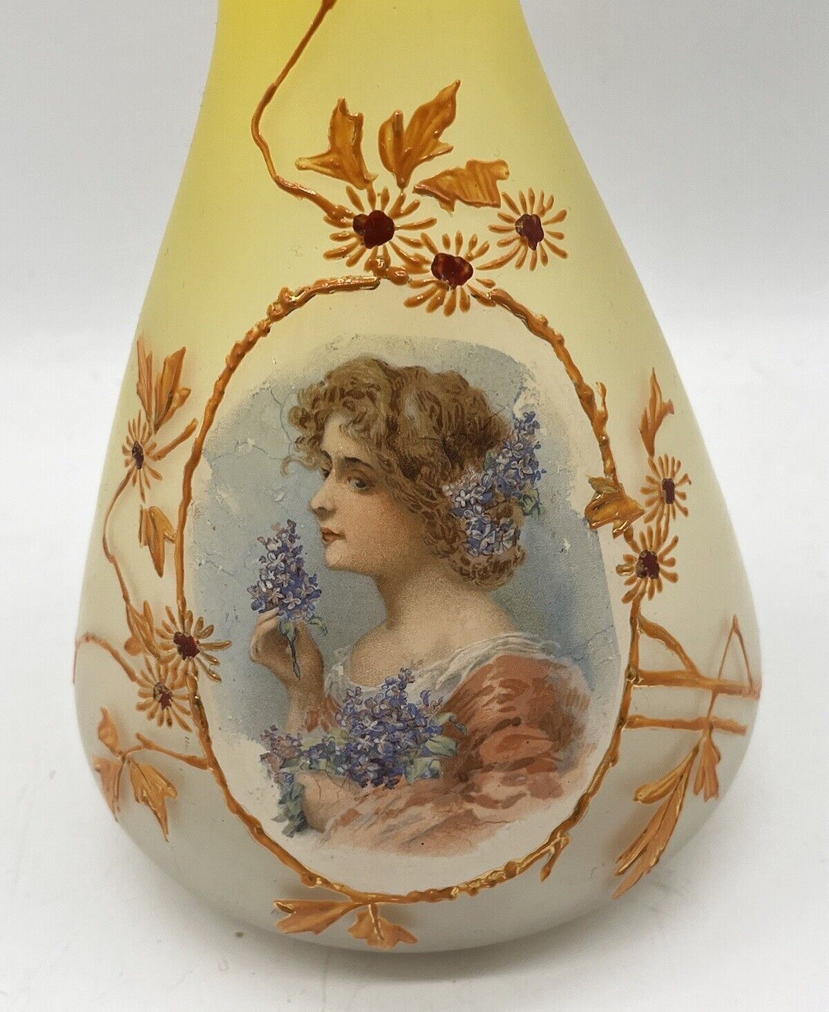 Antique Bohemian or French Glass Portrait Vase Enamel Victorian Flowers