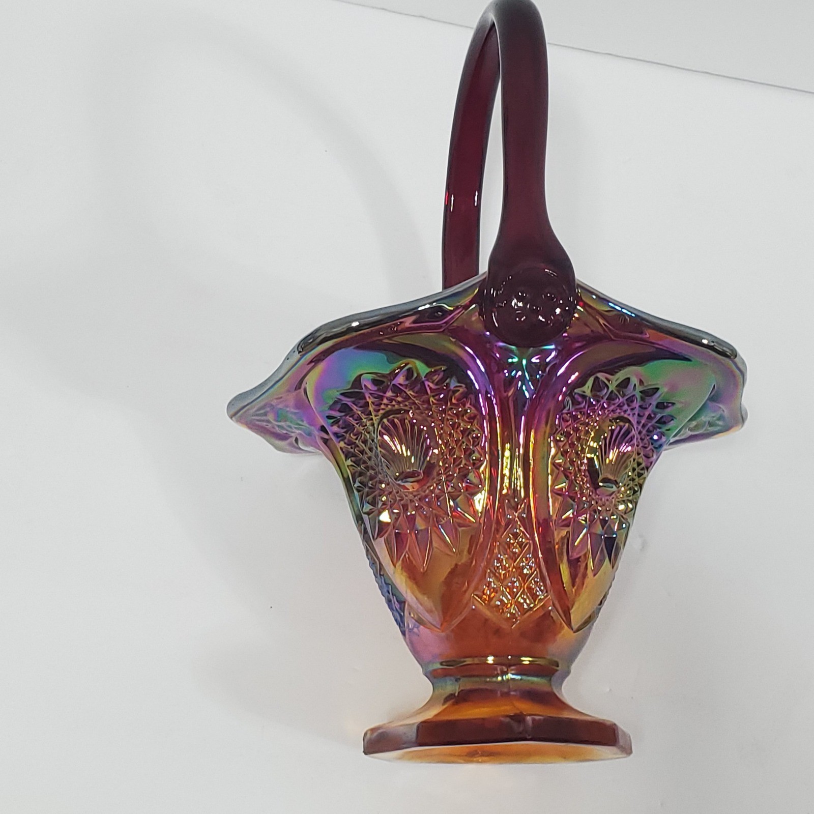 Vintage Carnival Glass Basket Amberina Red Iridescent Ruffled Starburst 10.5 in