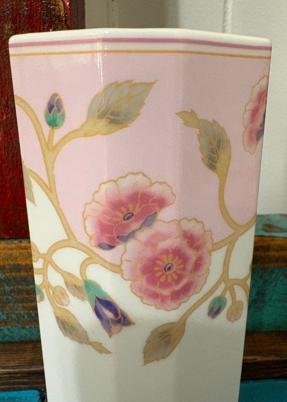 Vintage Takahashi San Francisco White Porcelain Bud Vase Pink Peonies Hand Paint