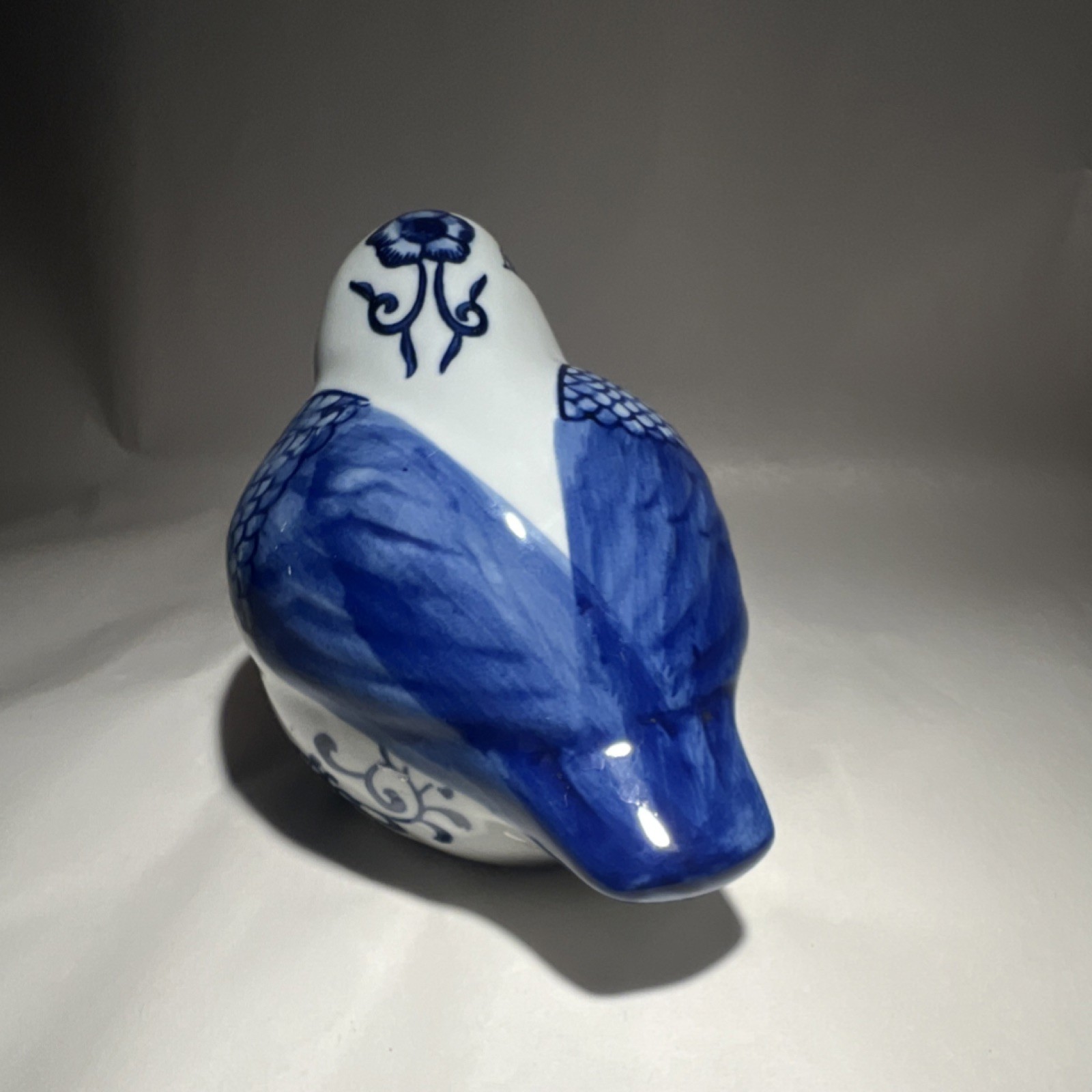 Blue White Ceramic Bird Figurine Floral Pattern Glossy Decorative Pottery