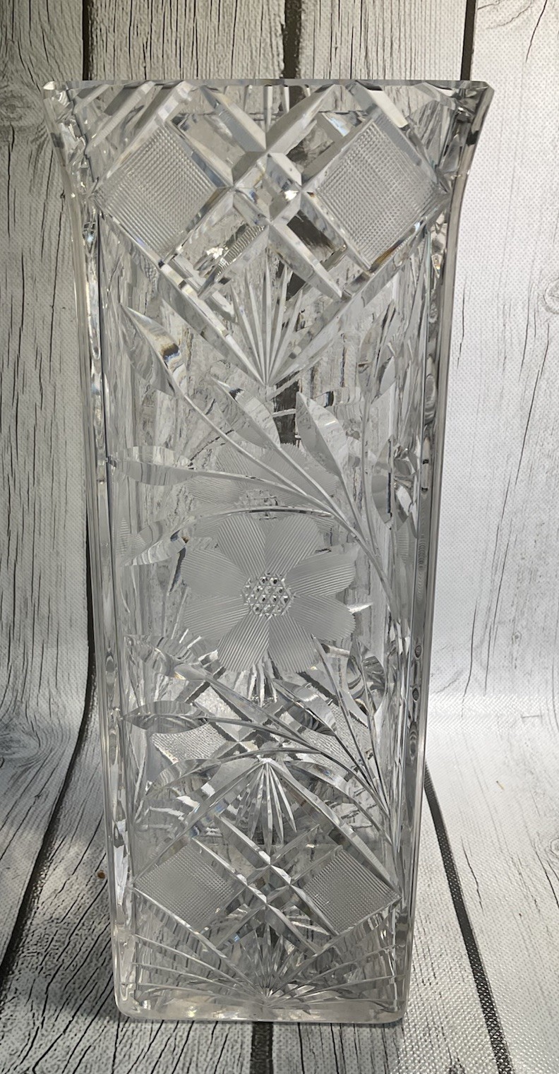 Vintage ABP Cut Crystal Square Glass Vase Flowers Leaves Clear Glass 10” Tall