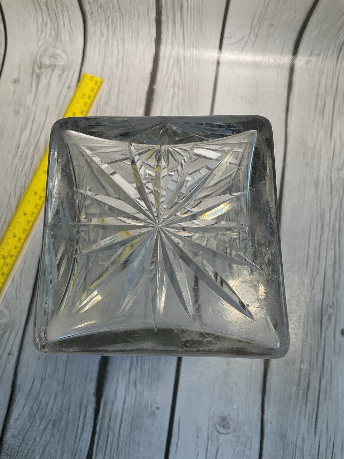 Vintage ABP Cut Crystal Square Glass Vase Flowers Leaves Clear Glass 10” Tall