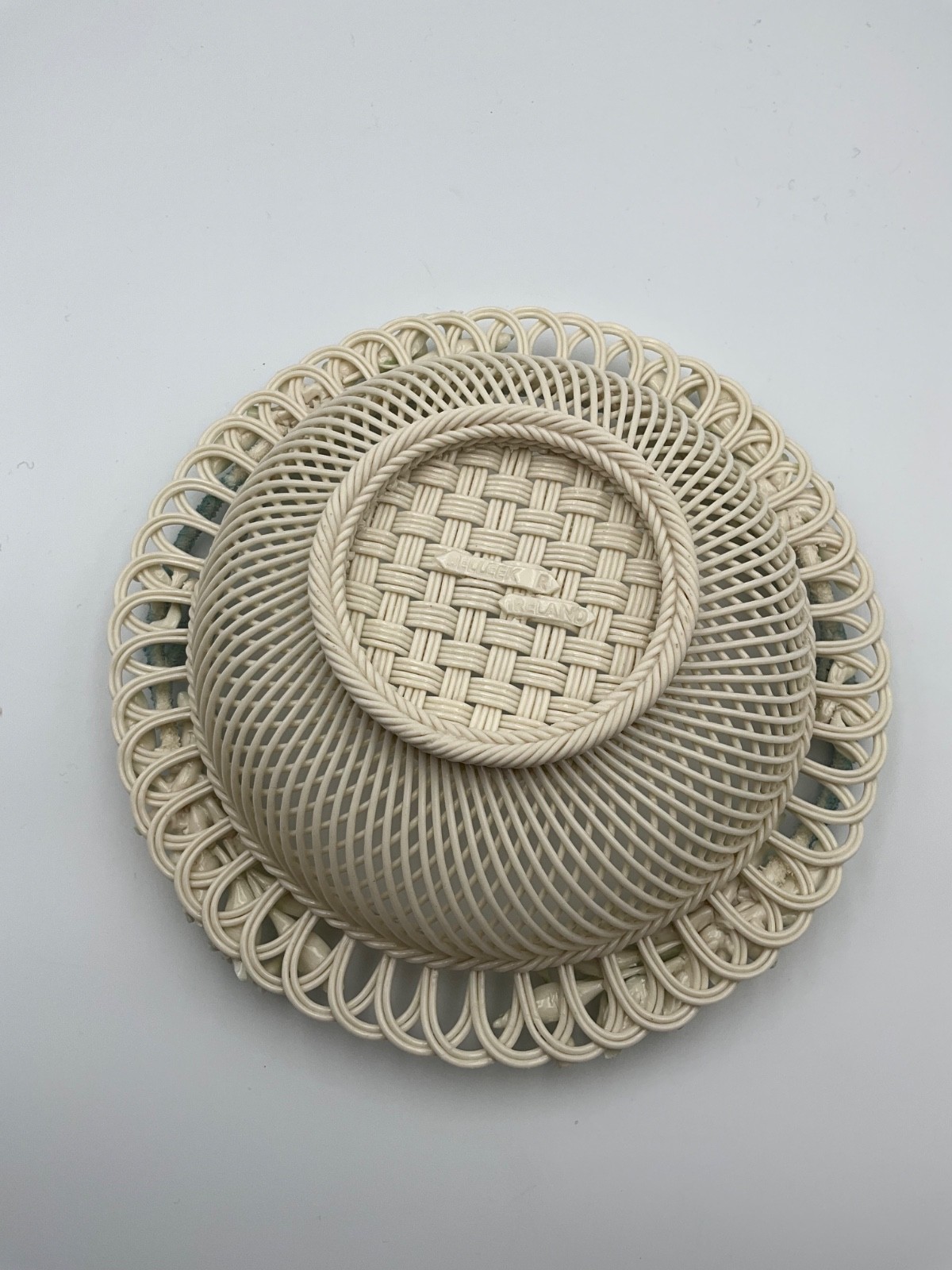 Belleek Lily of the Valley 9″ Basketweave Dish Bowl Ireland Porcelain