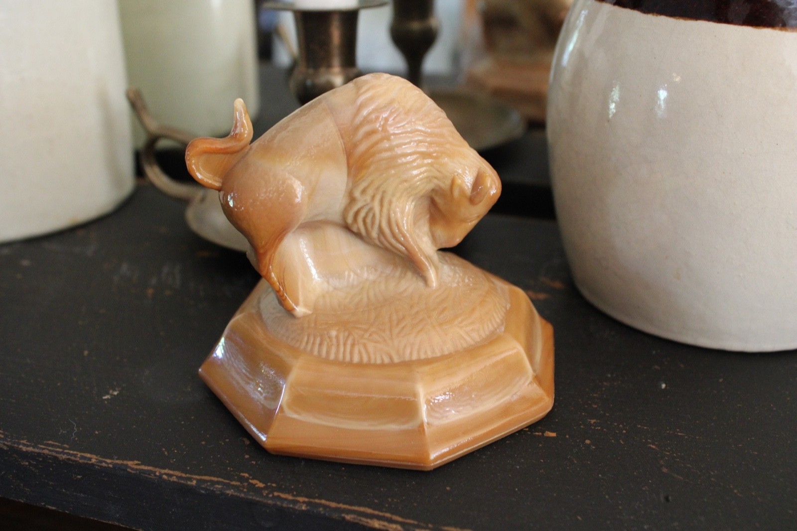 Vintage Joe St Clair Buffalo Caramel Colored Slag glass Paperweight