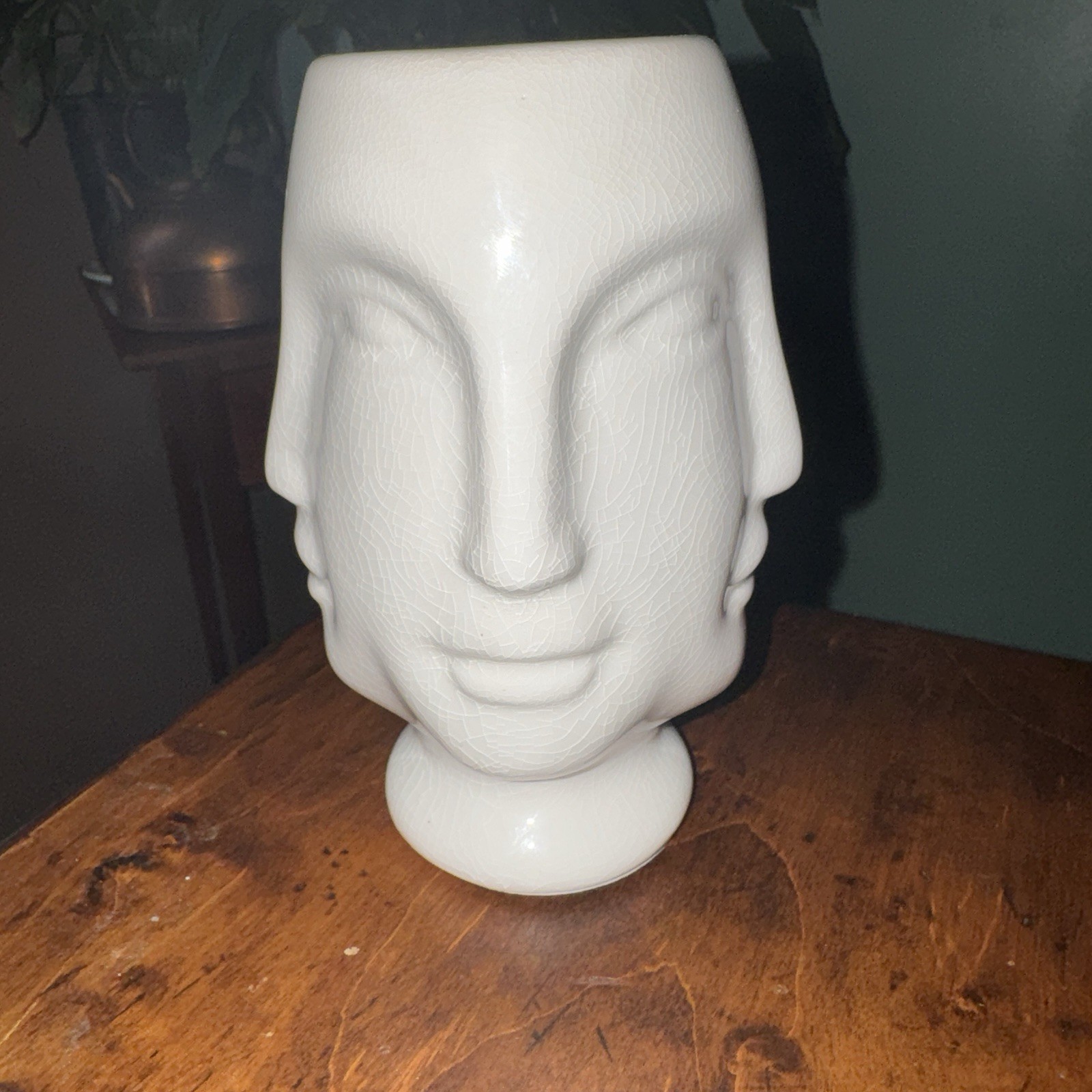 Vtg 4 FACES VASE 6” MCM Style Ceramic Crackle Glaze Ivory White Whimsical