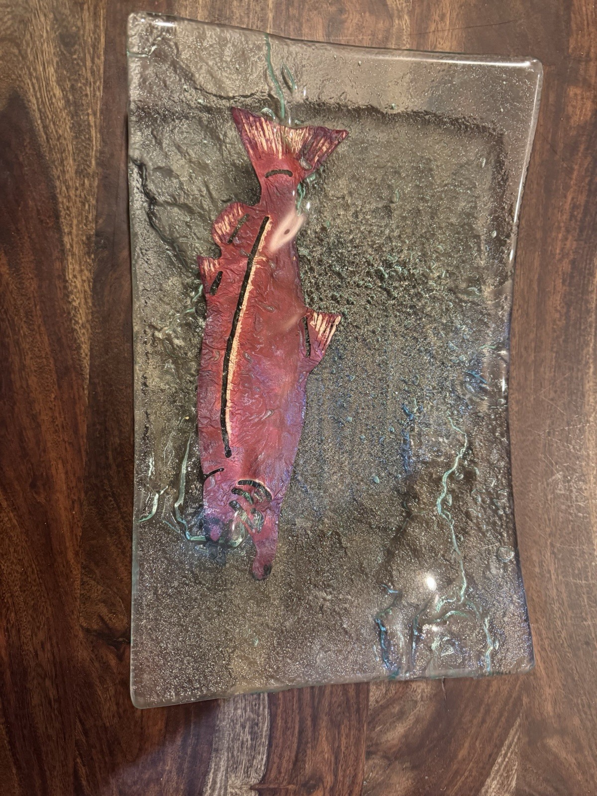 Jones Glassworks Salmon Handmade Glass Serving Plate Platter Copper Fish LARGE