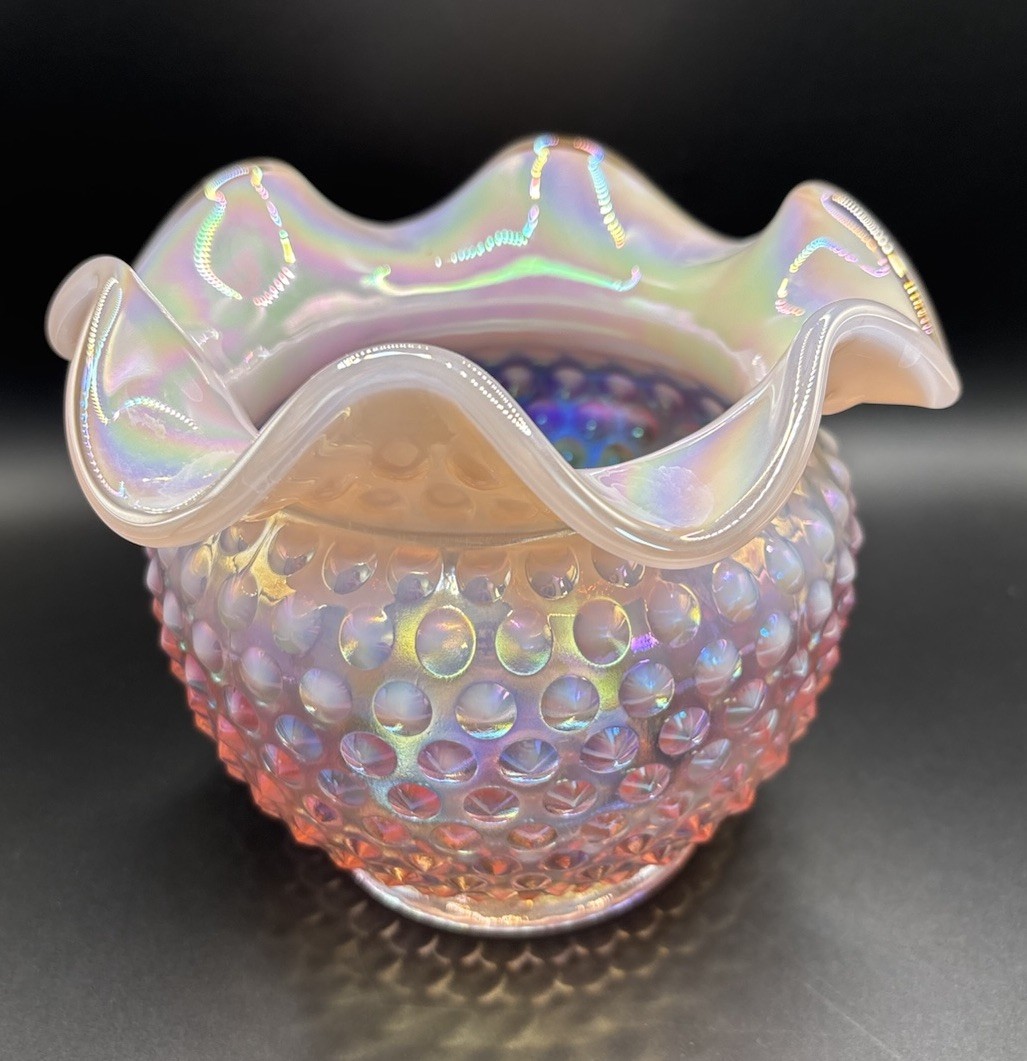 Fenton Vintage Opalescent Pink Basket Vase Dish W/Ruffled Edges 5”