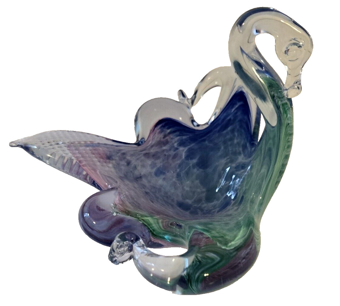 Glass Swan Figurine Art Glass Blue Green Pale Purple Clear H 4.0 In W 6.0 In