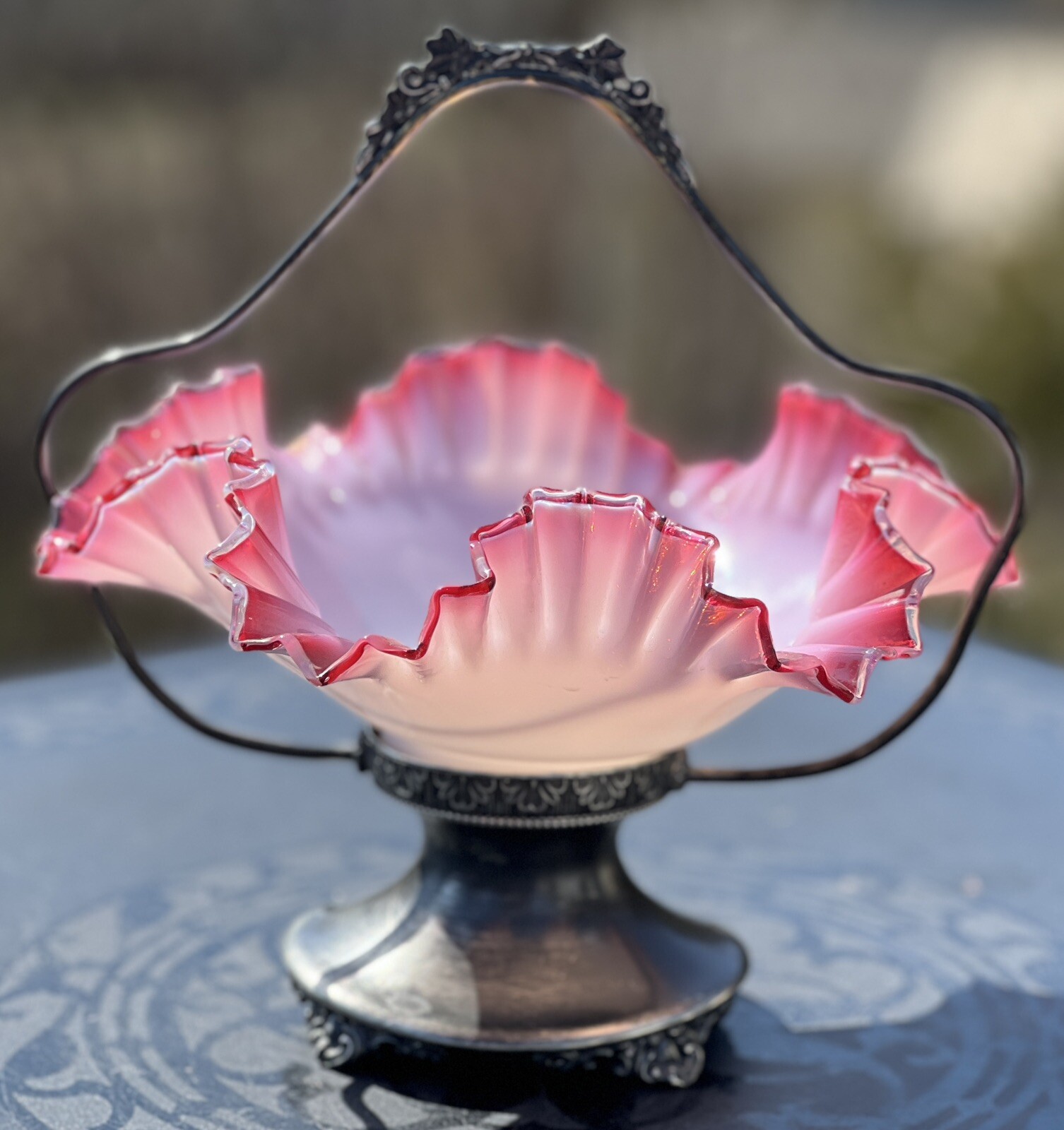 Antique Victorian Bride’s Basket Pink & White Ruffled Bowl Rockford Silverplate