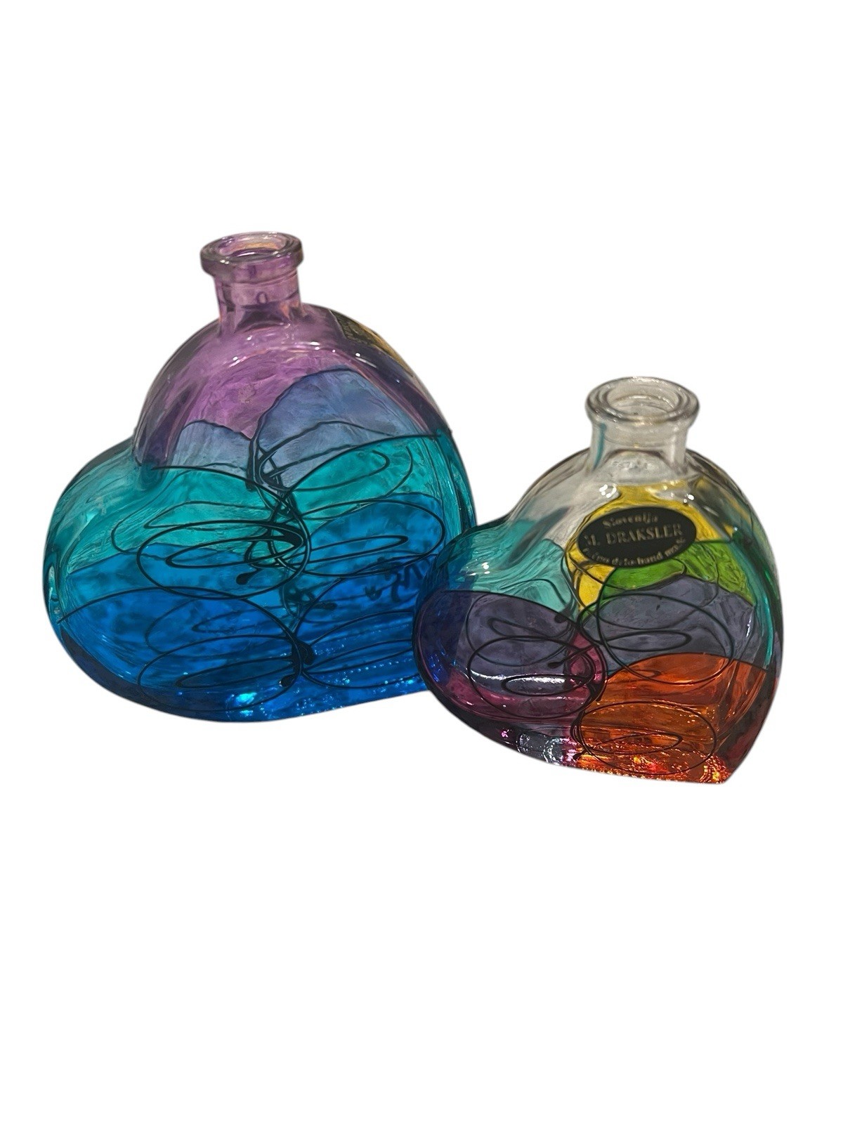 Kefla M Draksler Slovenija Art Glass Bottles (2) Heart Shaped Made In Italy Colo