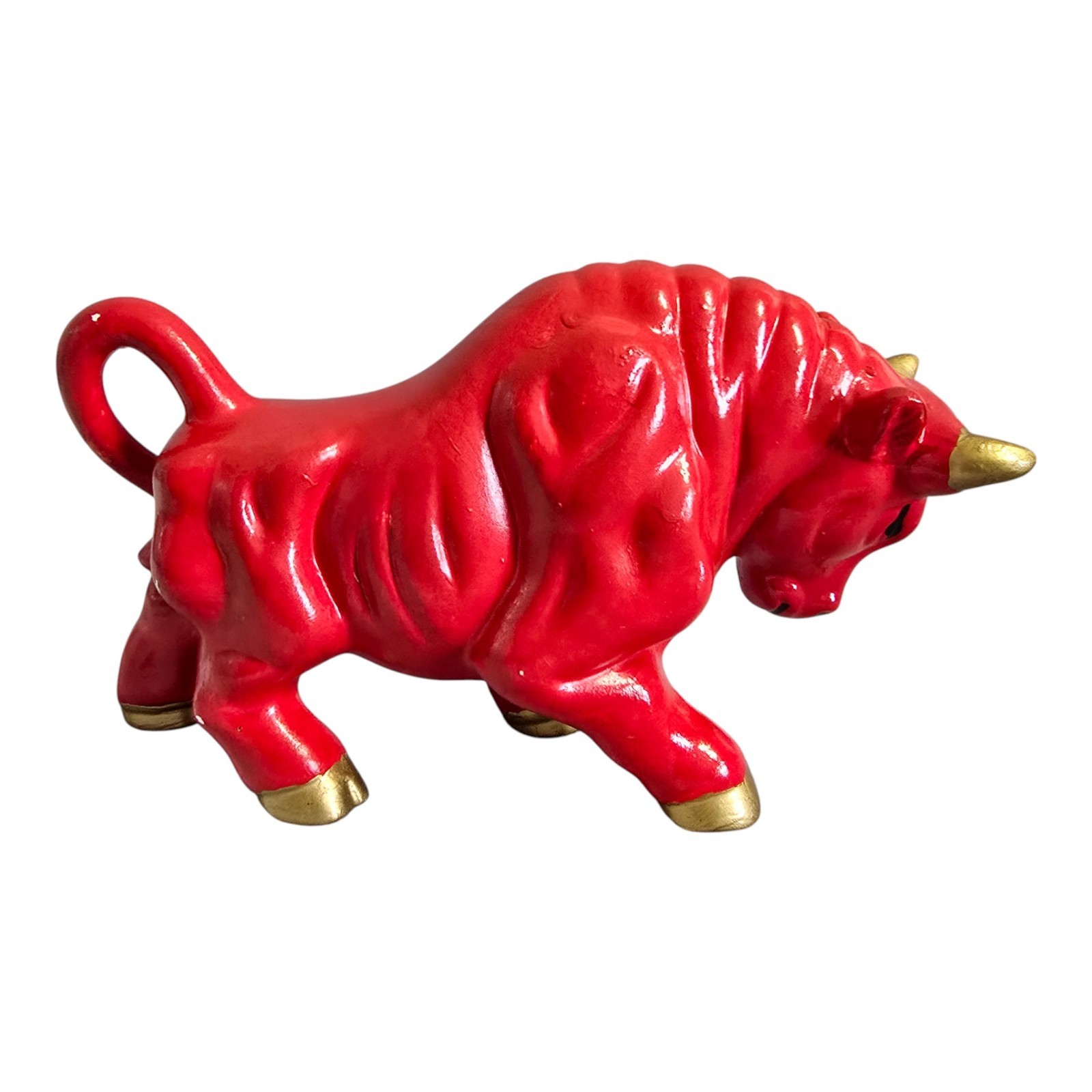 Vintage MCM Ceramic Pottery Fighting Bull Red & Gold 10″ Long 6″ Tall