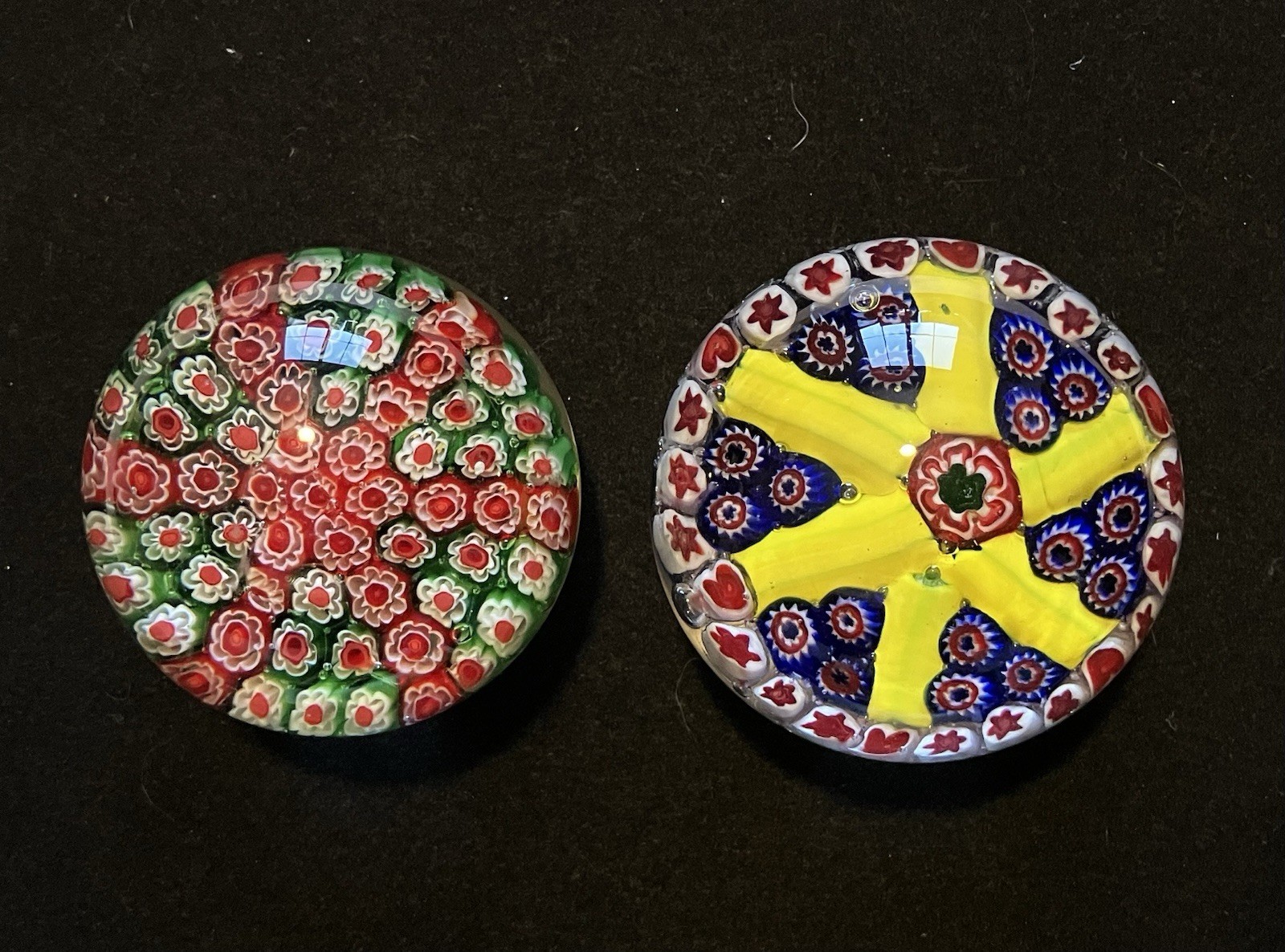 2 Chinese Flower Ball Millefiori Style Art Glass Paperweights 2.5 in