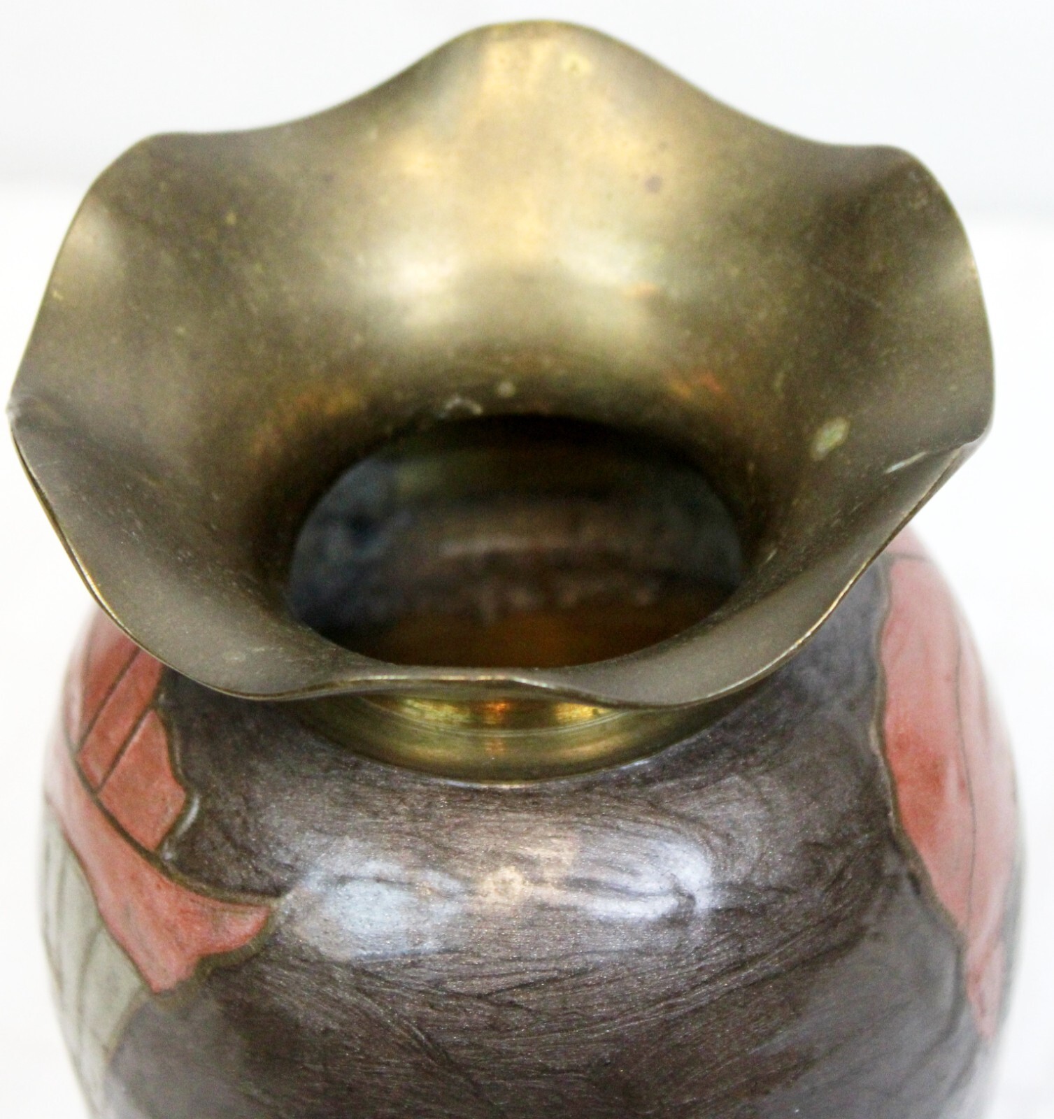 Vtg 80s Cloisonné Brass Vase Pink Lillies Brown Calla Cala Lily Ruffled Rim Top