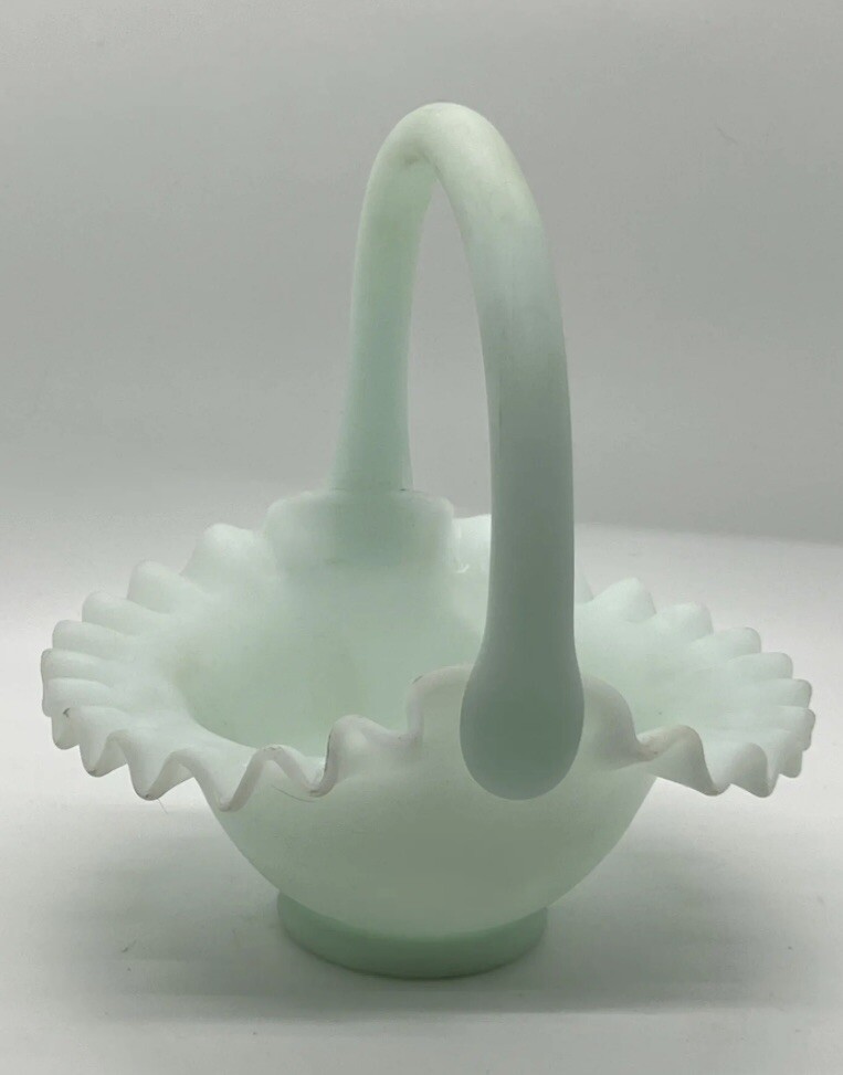 Vintage Light Mint Green Ruffled Edge Fenton Satin Glass Basket
