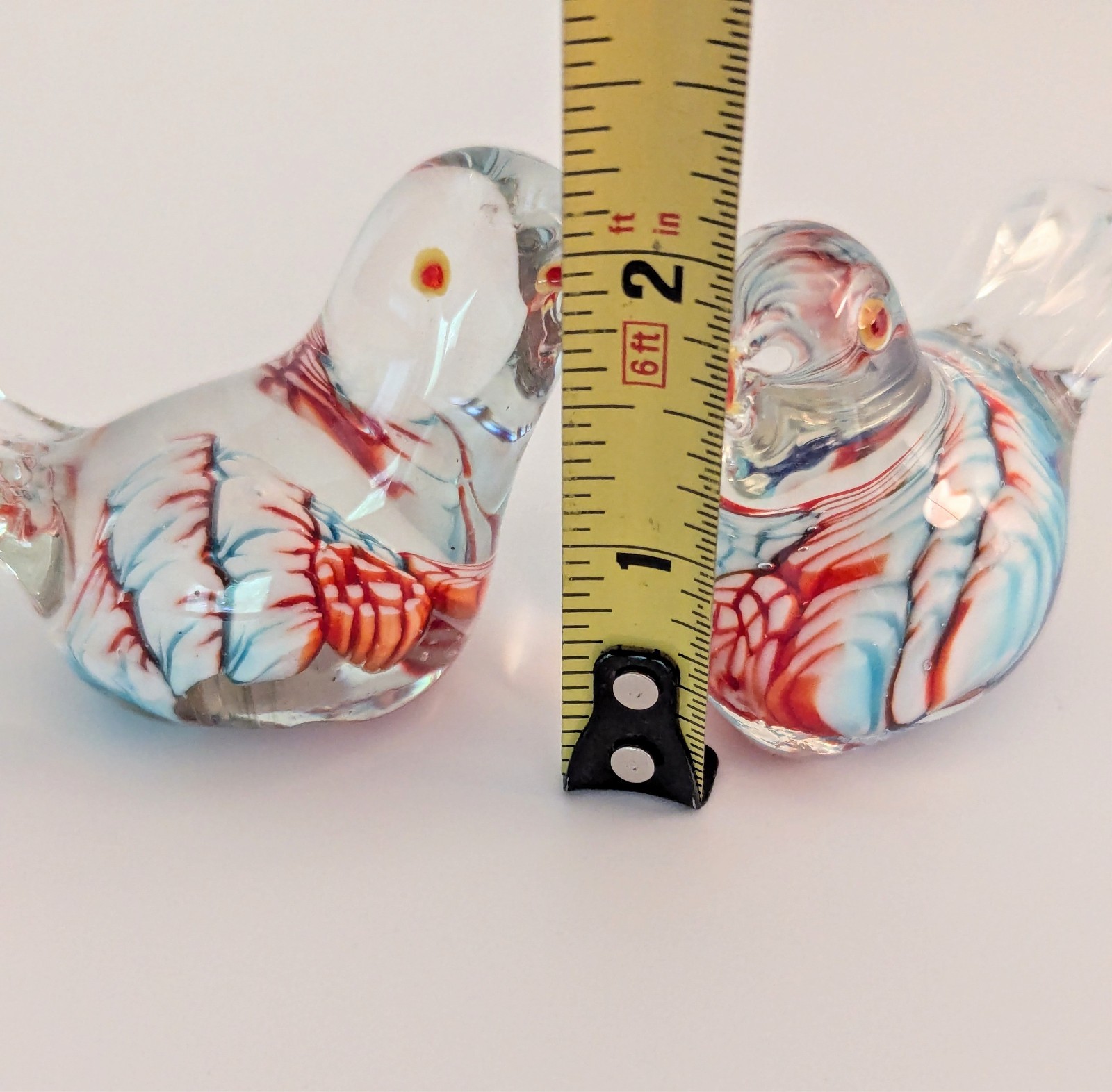 Vintage Murano Style Blown Glass Pair 2″ Bird Figurines Blue White Orange Red