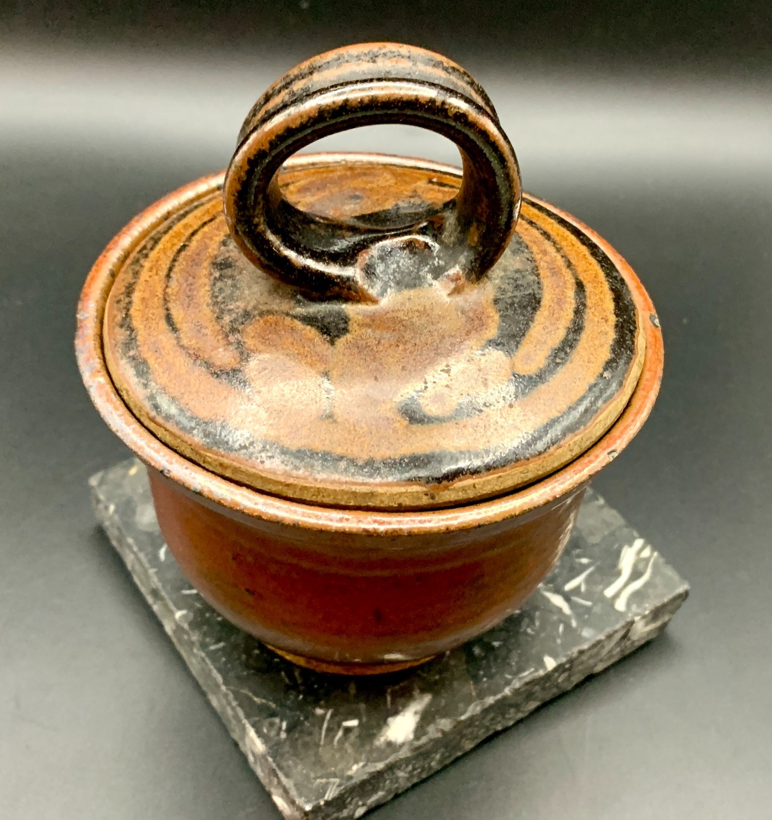 Redware Pottery Crock Trinket Box w/ Lid Small Glazed Artist Signed 4.5″ Tall