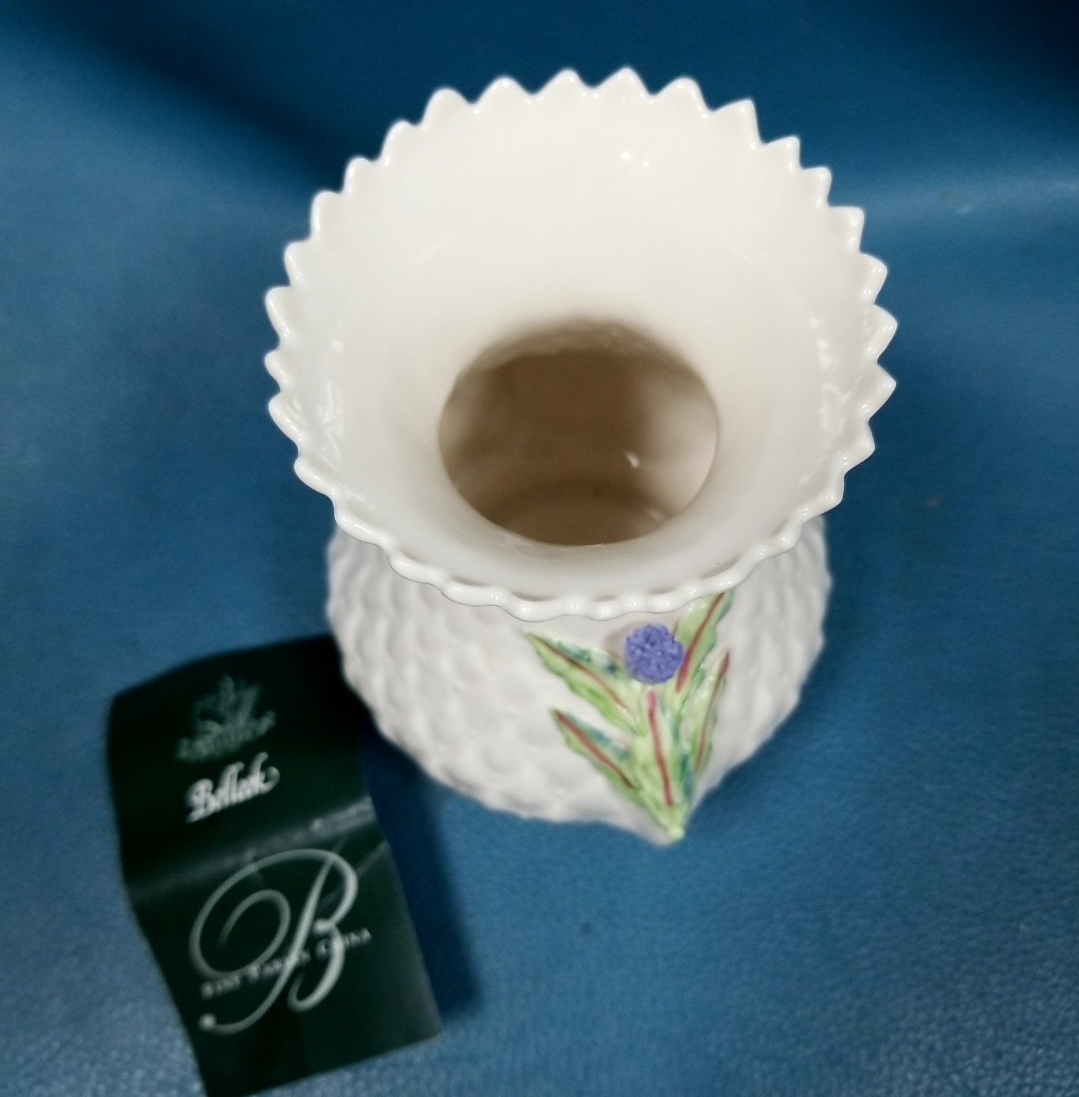 VTG 5.5″ Belleek Ireland Handmade Parian China Pineapple Vase Purple Thistle