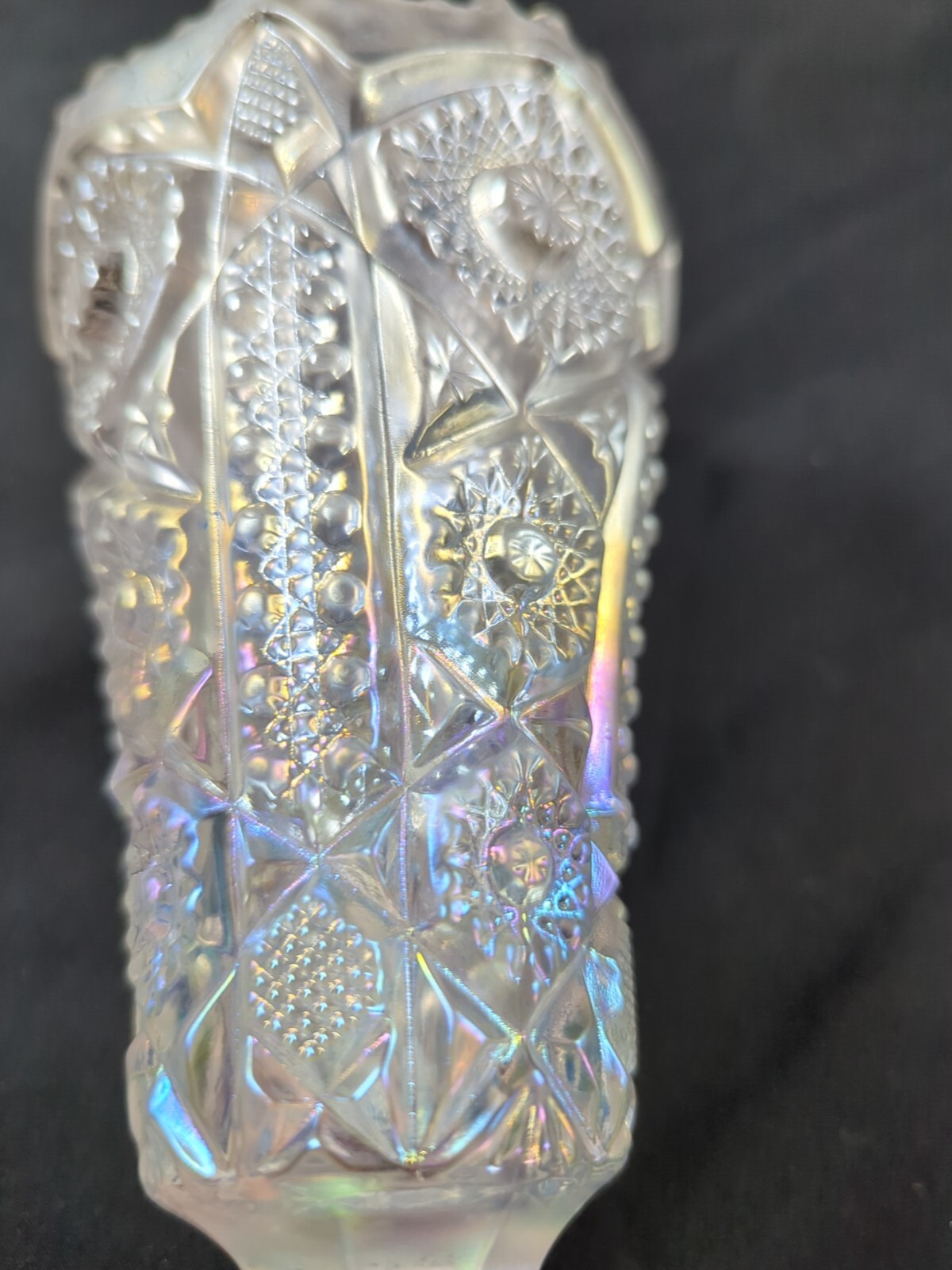 Imperial White Clear Frosted Octagon Iridescent Carnival Glass Vase 1970’s