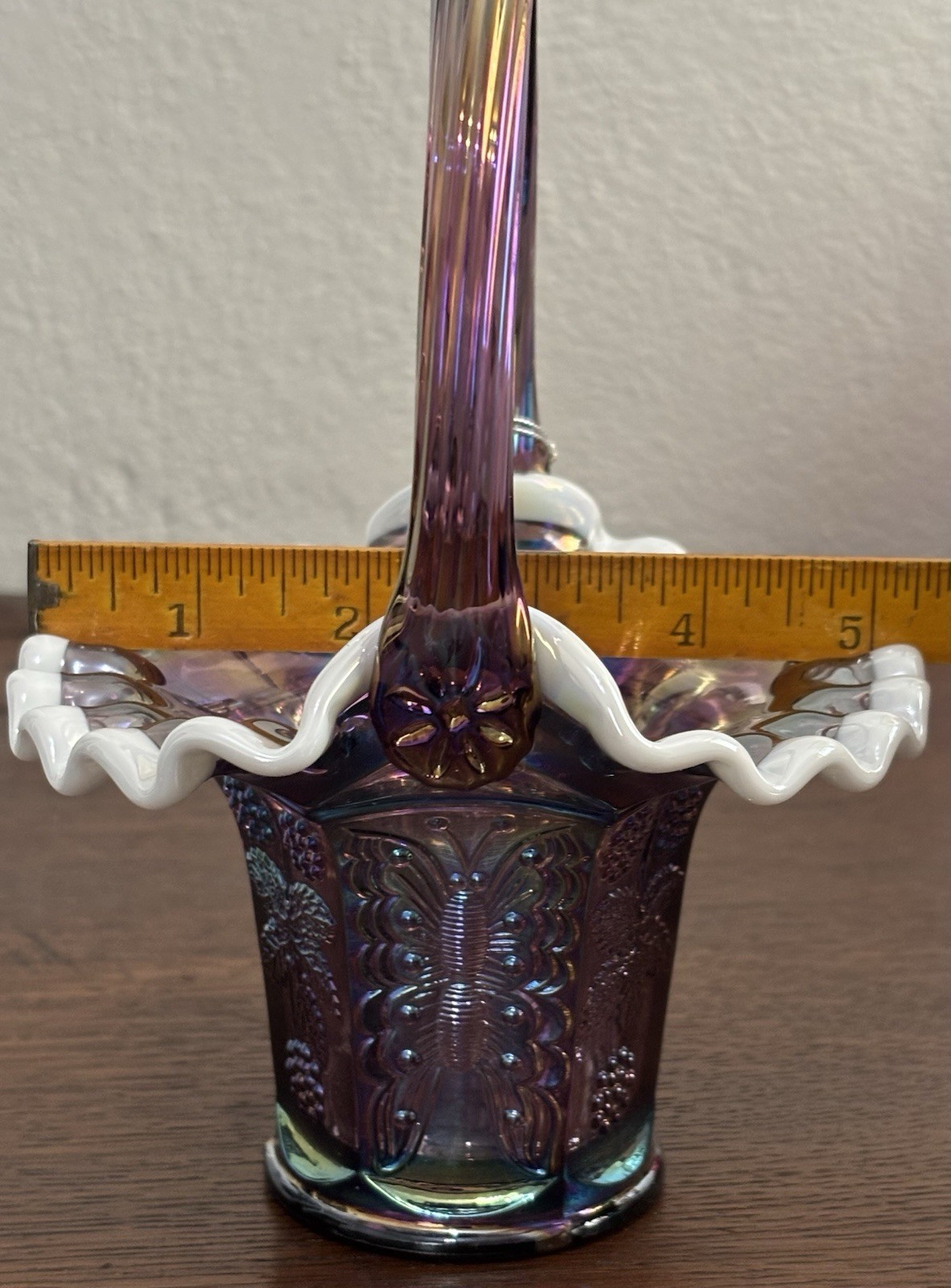 Fenton Purple Carnival Art Glass Butterfly & Berry Basket with Milk Ruffle Edge