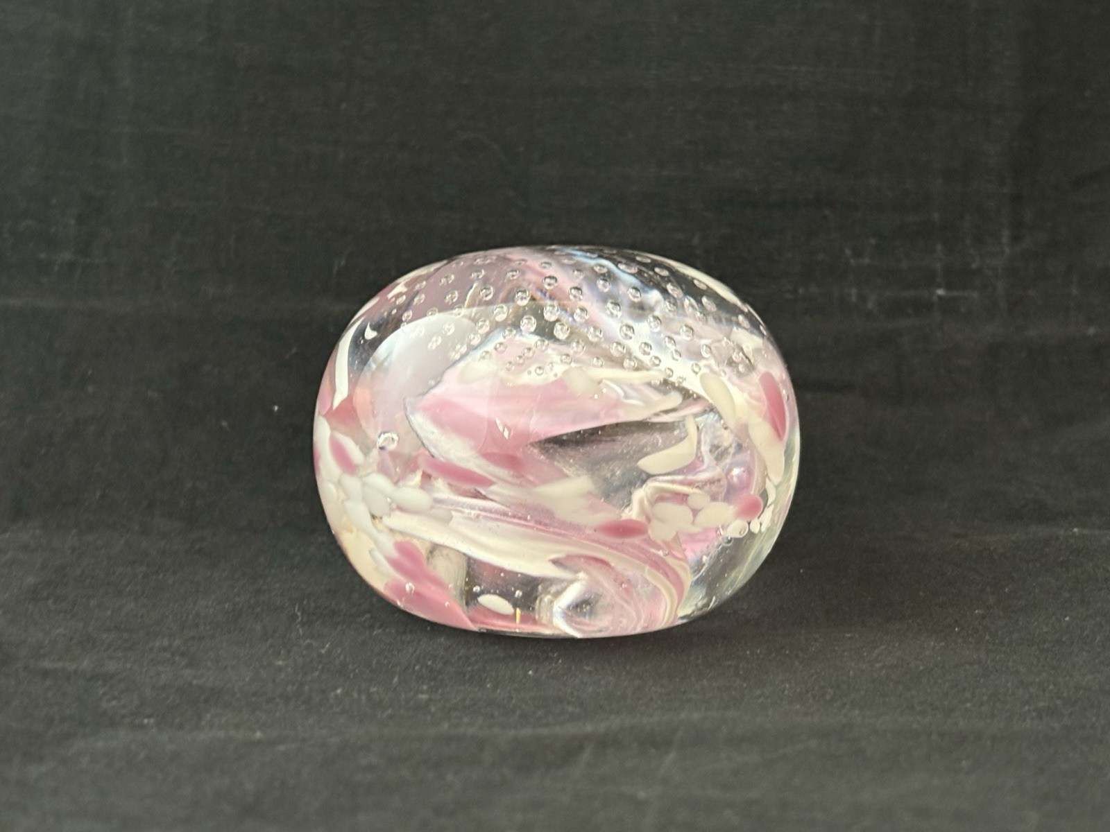 Vintage Clear Glass Paperweight Pink White Swirls Controlled Bubbles Signed Sam