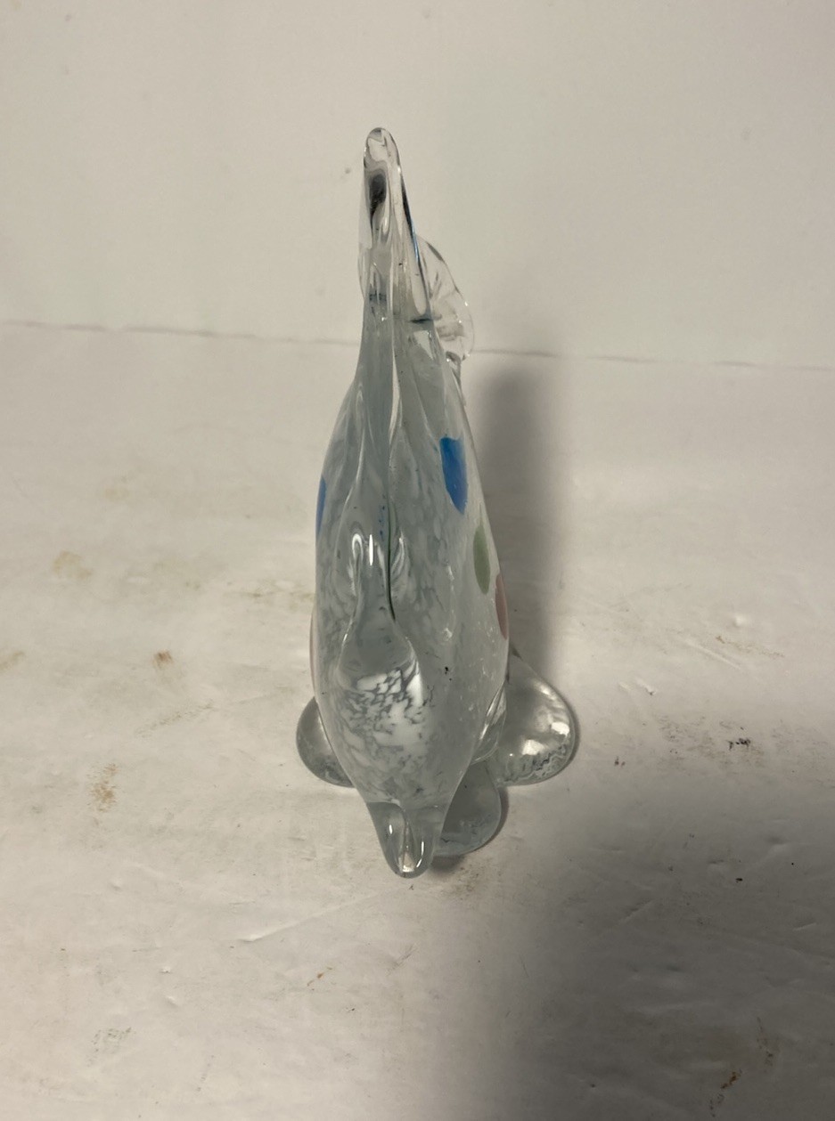 Vintage Hand Blown Glass Angel Fish Paperweight-Blue Green Red Spots-5.5×5″