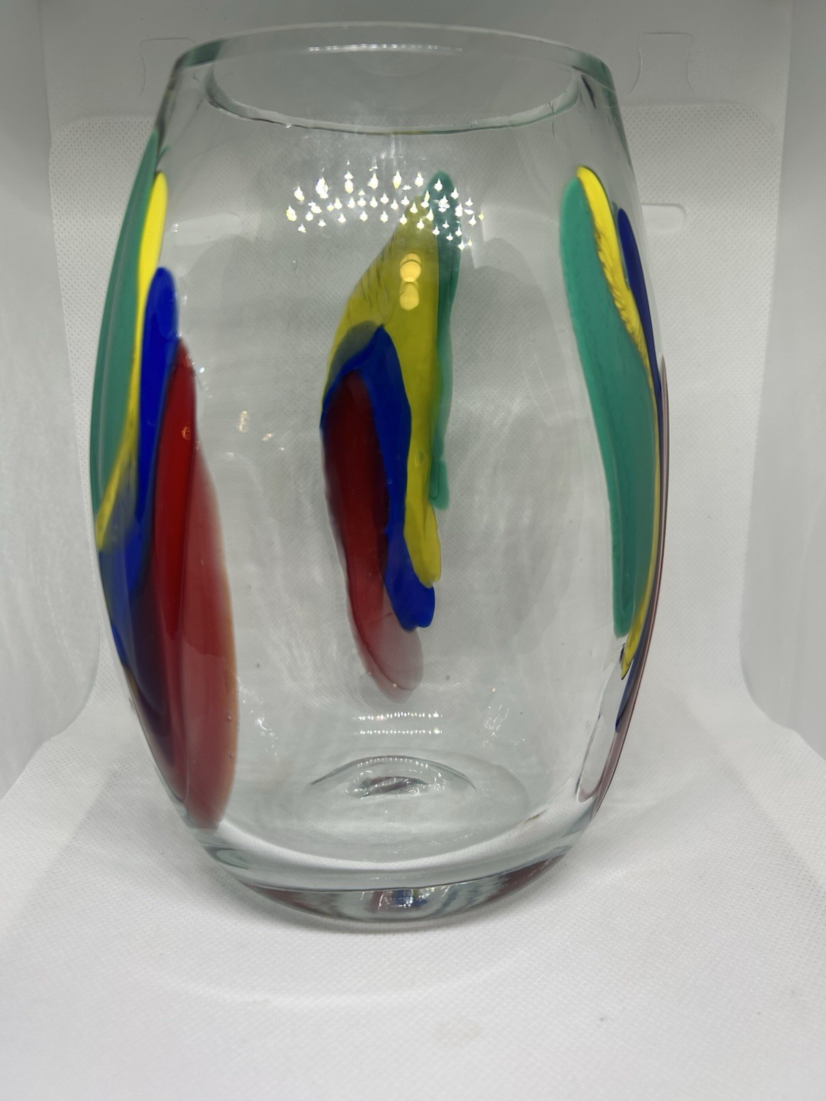Hand Blown Art Glass Vase Colorful Ribbon Swirl Abstract Heavy Polished Pontil
