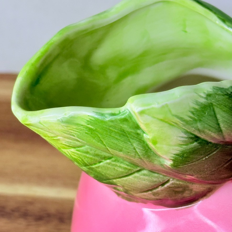 Vintage Japan Pottery Peach Pitcher Vase Pink Green Leaf Handle