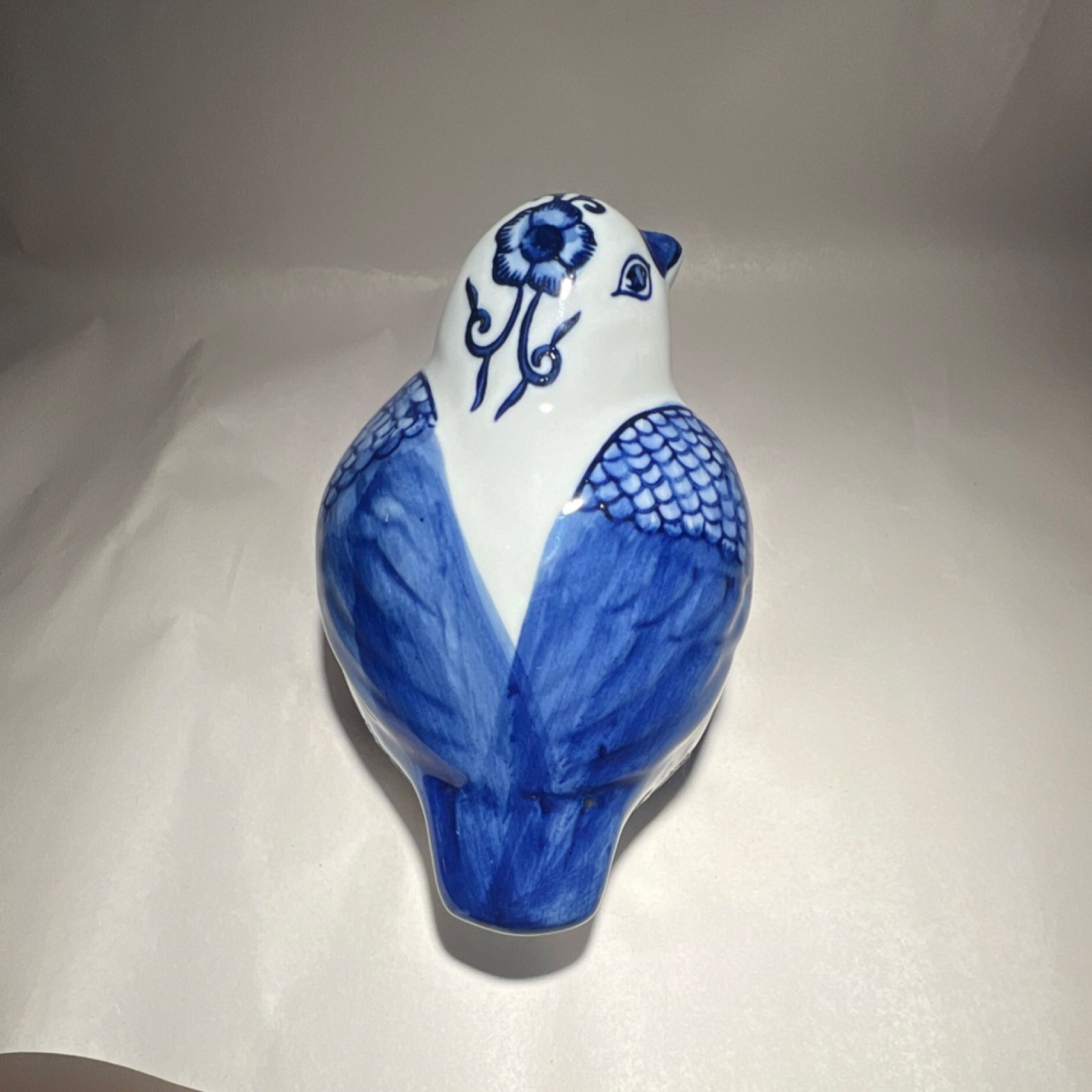 Blue White Ceramic Bird Figurine Floral Pattern Glossy Decorative Pottery