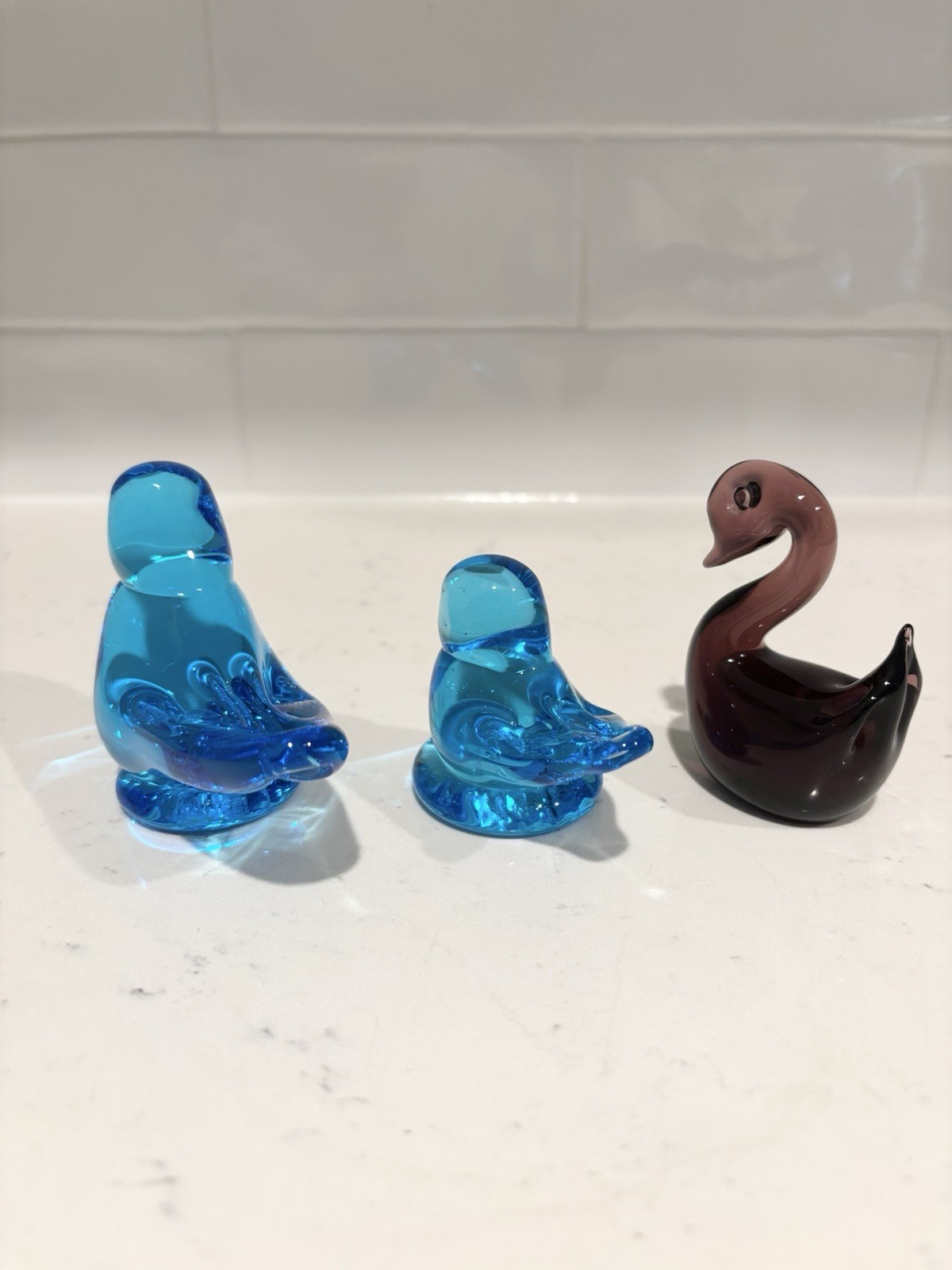 Vintage Glass Blue Bird Of Happiness & Purple Duck Goose Swan Lot Of 3 Roy Ray