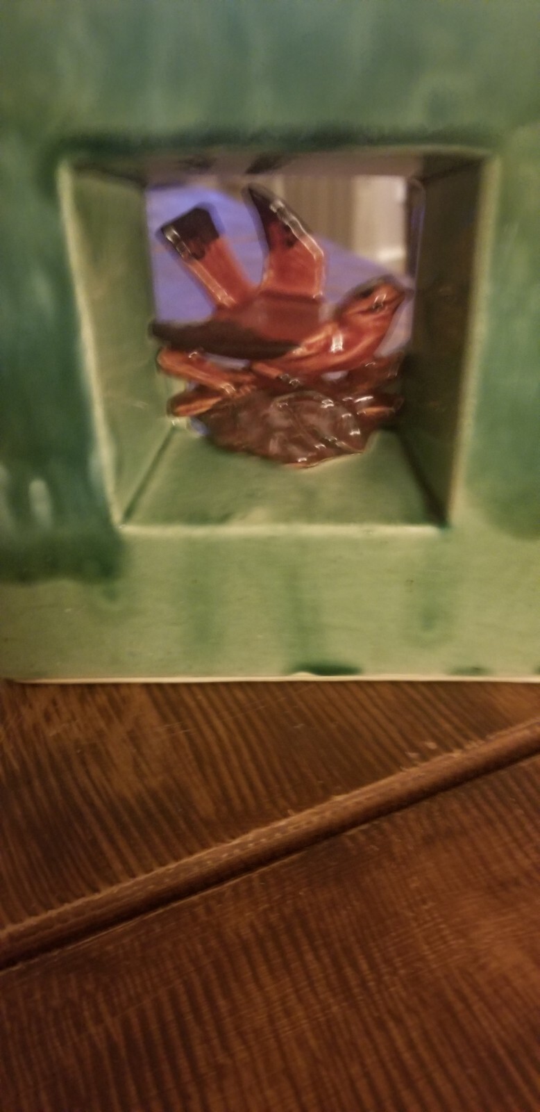 1950’s McCoy Arcature double shadow box square vase green w/ red bird, RARE!