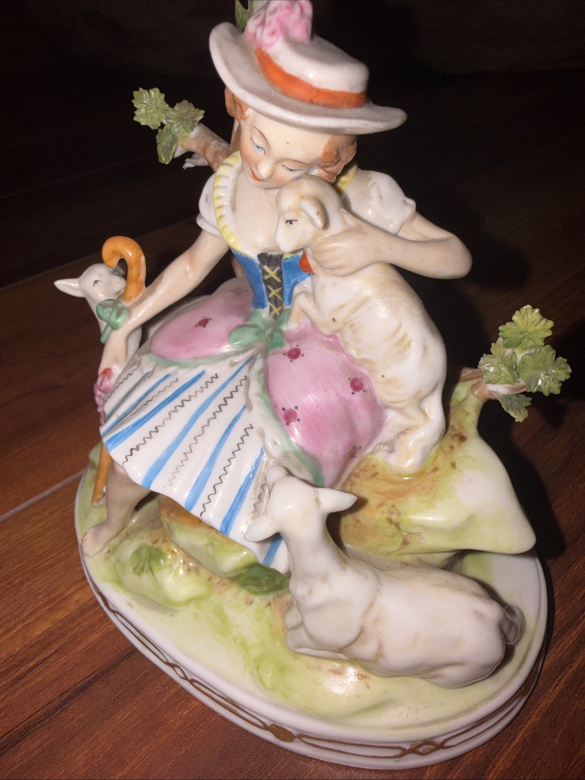 Vintage Kalk German Porcelain Shepherdess Figurine Lambs Crossed Arrows Mark