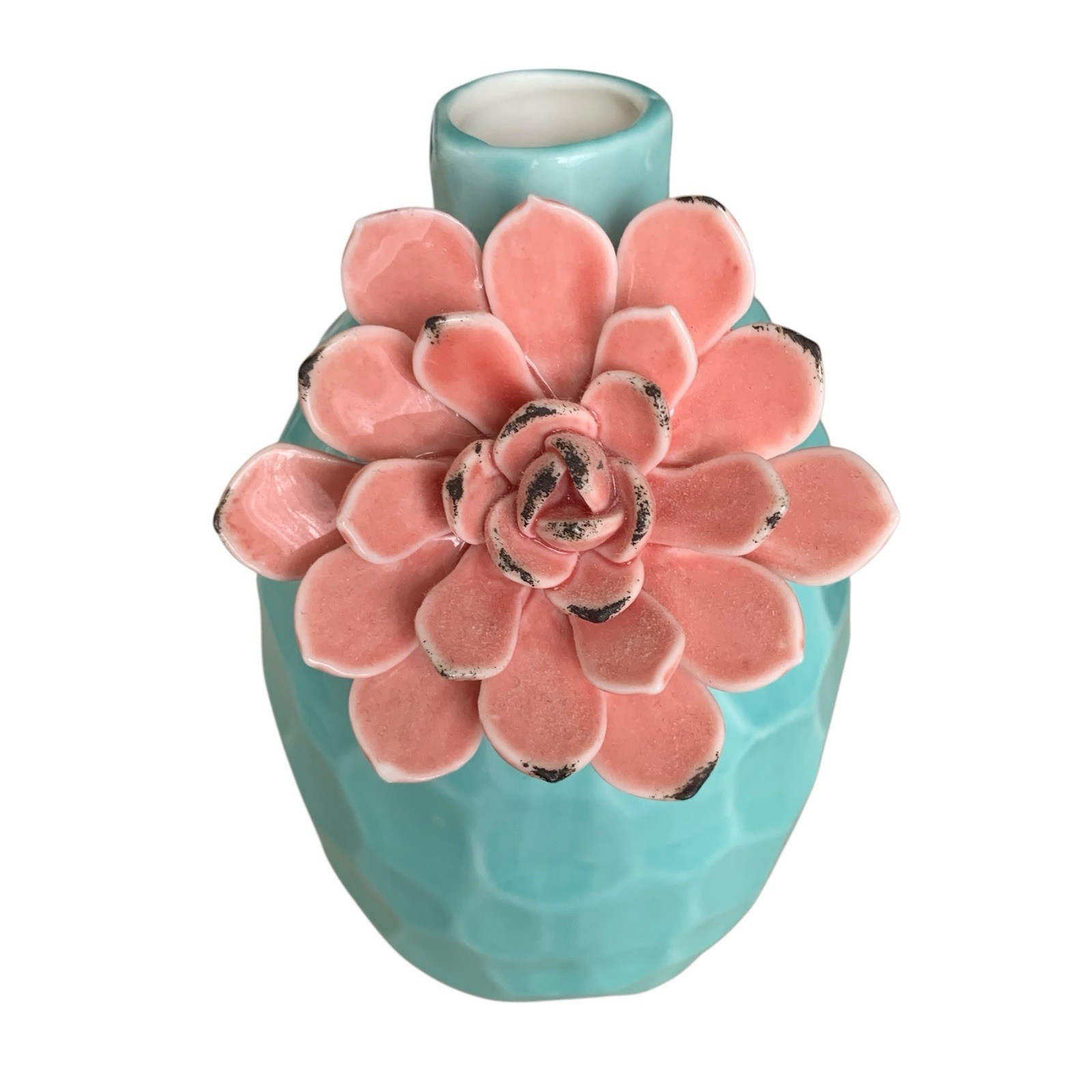 Turquoise Blue & Pink Ceramic Modern Spring Dahlia Flower Vase 6″ Height EUC