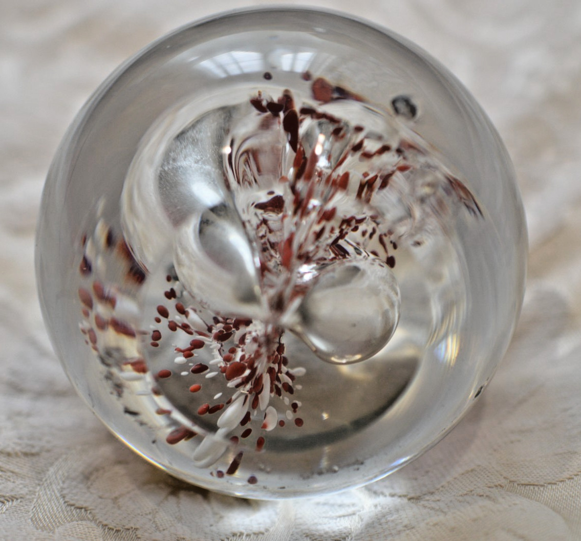 Art Glass, CLEAR WITH RED AND WHITE Paperweight – Signed Poland 3 x 3 X 3