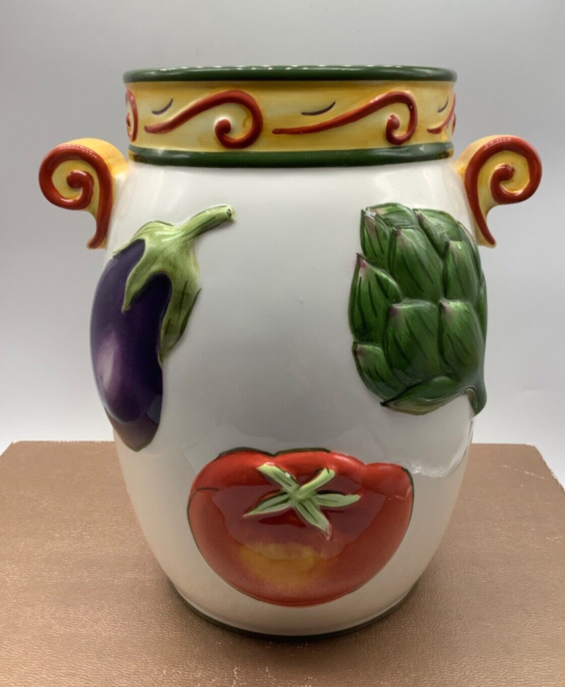 Clay Art Roma Vegetables Hand Painted Vase Utensil Holder Crock Jar Stonelite 8”