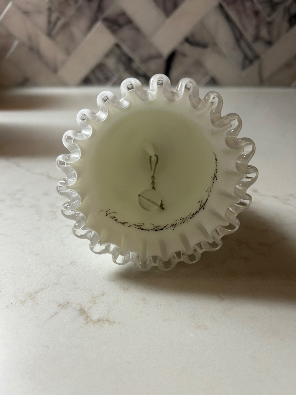 Vtg Fenton Spanish Lace Milk Glass with Violets Bell Handpainted Marilyn Wagner
