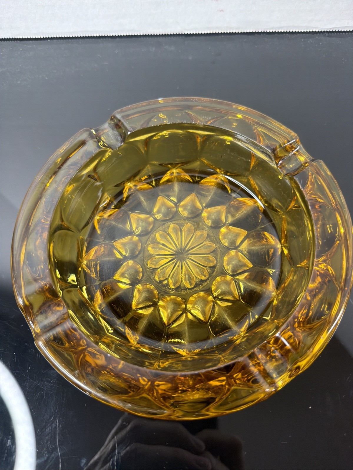70′ Cigar Glass Ashtray Anchor Hocking Fairfield Amber Gold Vintage Starburst