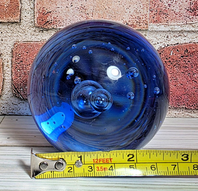 Blue Art Glass Controlled Bubbles Paperweight Orb Heavy Scrying Ball 3.25″