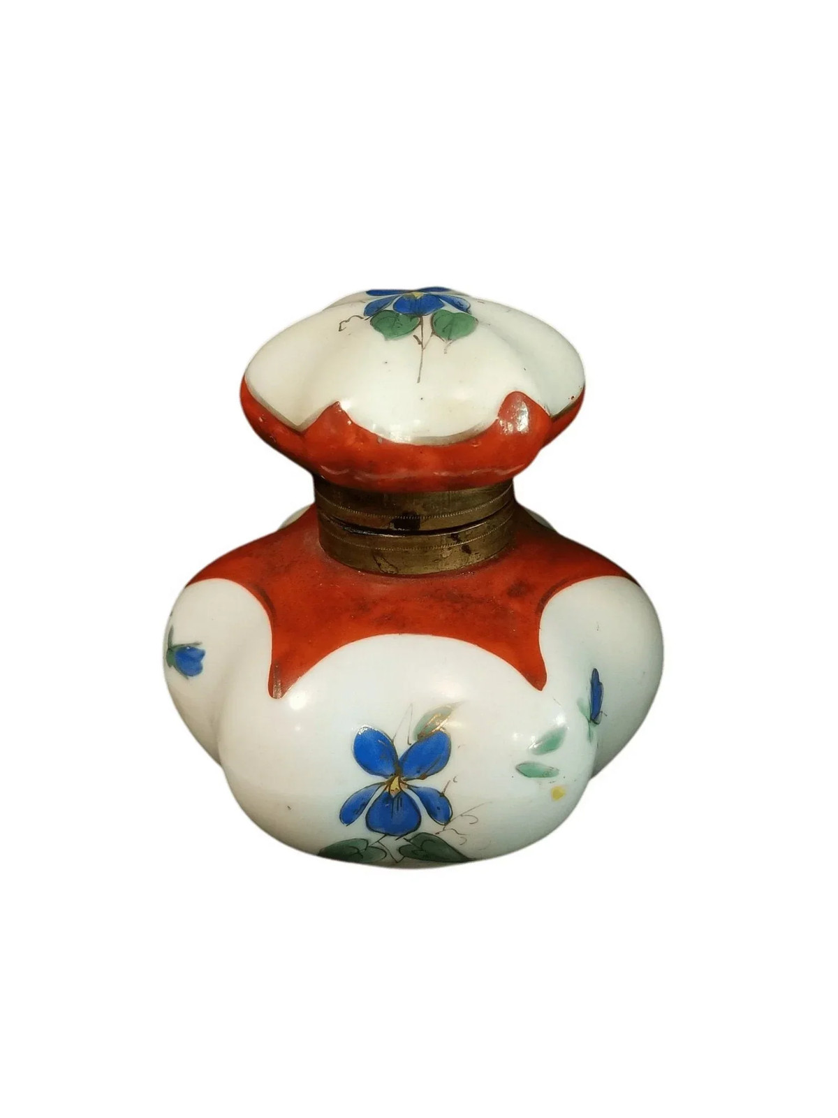 Antique Porcelain Inkwell Hand Painted Blue Flowers 19th Century